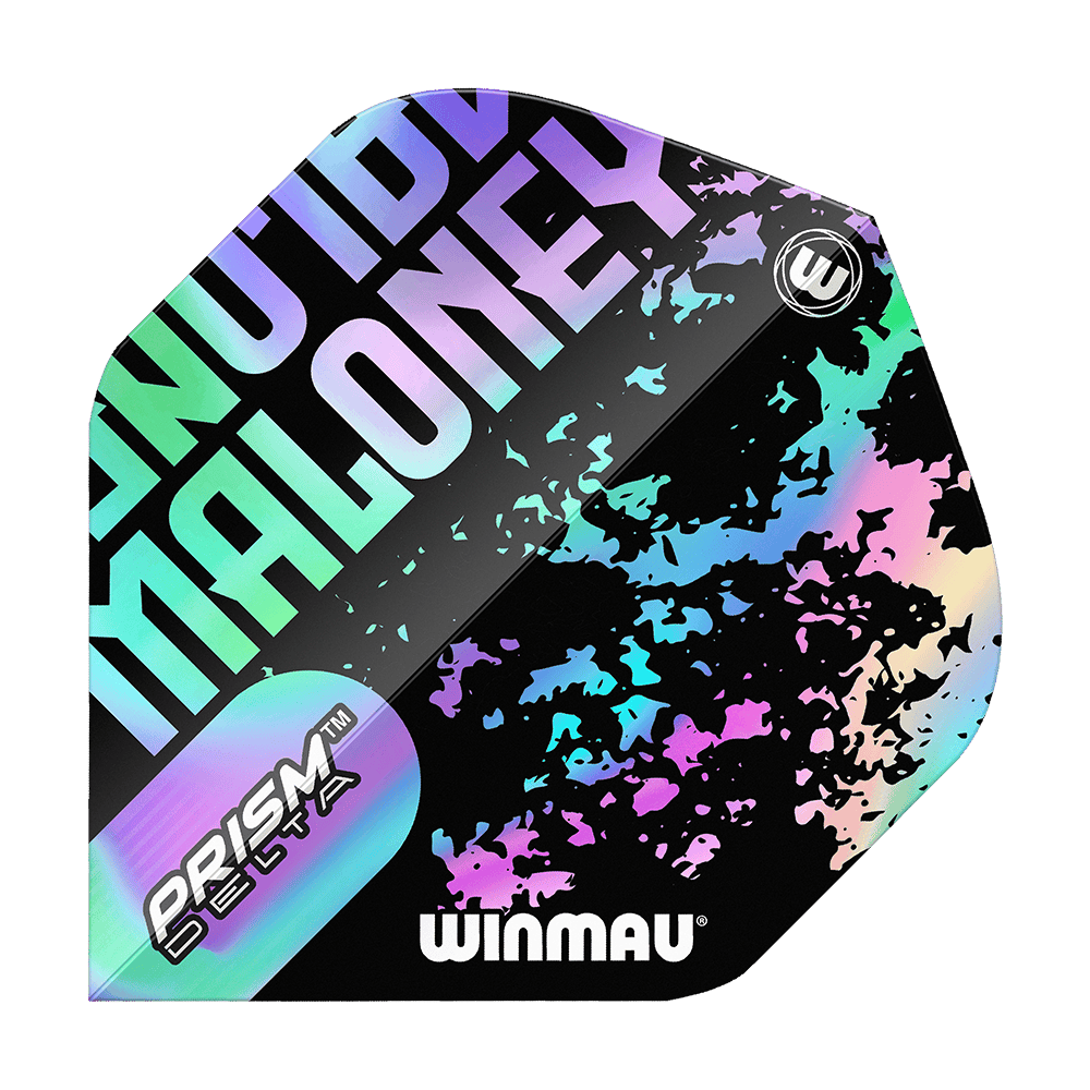 Winmau Prism Delta Mike Maloney Standard Flights Das Bild zeigt ein Winmau Prism Delta Mike Maloney Standard Flight für Darts. Das Flight hat ein auffälliges, buntes Design mit dem Namen "Maloney" und dem Winmau-Logo.