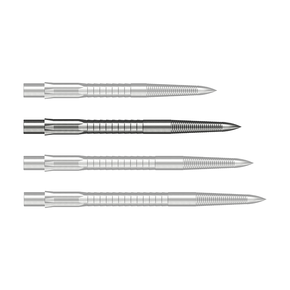 Man sieht eine einzelne Caliburn Evo System Steeldartspitze Micro Grip in Silber mit einer Länge von 32 mm. Die Dartspitze ist scharf vor einem weißen Hintergrund zu erkennen.