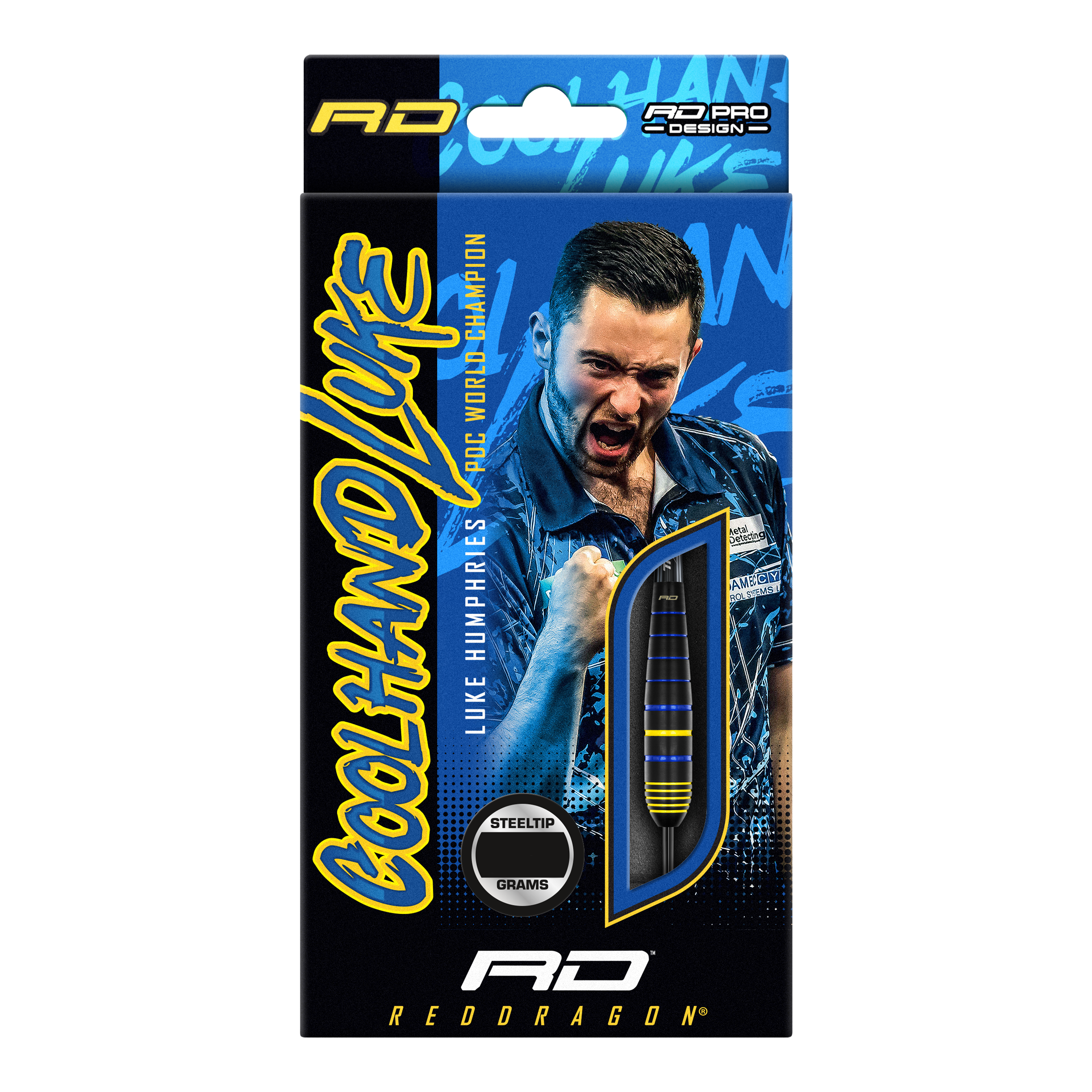 Auf der Verpackung sind die "Red Dragon Luke Humphries World Champion Brass Steeldarts" abgebildet. Im Hintergrund ist ein jubelnder Spieler zu sehen, daneben ist ein Dartpfeil durch ein Sichtfenster sichtbar.
