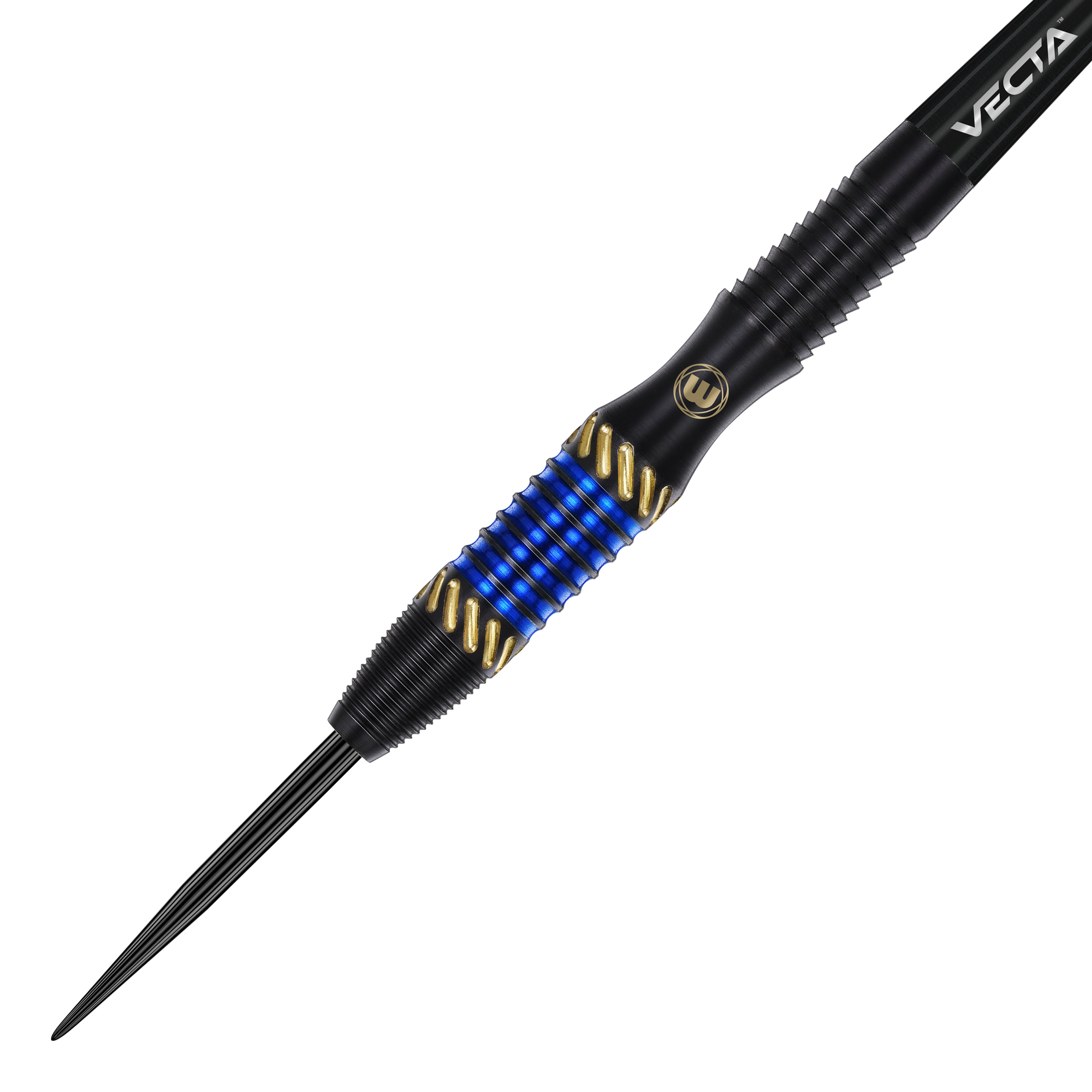 Der Winmau Rashad Sweeting Steeldart - 24g ist ein eleganter Dartpfeil in Schwarz mit goldenen und blauen Akzenten. Er verfügt über eine strukturierte Griffzone und ein modernes Design.