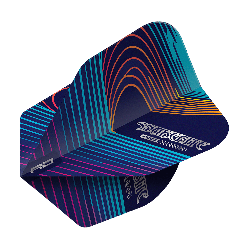 Red Dragon Peter Wright Snakebite Multi No6 Flights Das Bild zeigt ein Dart-Flight mit dem Namen "Red Dragon Peter Wright Snakebite Multi No6 Flights". Das Flight hat ein auffälliges Design mit bunten Linien auf dunklem Hintergrund.