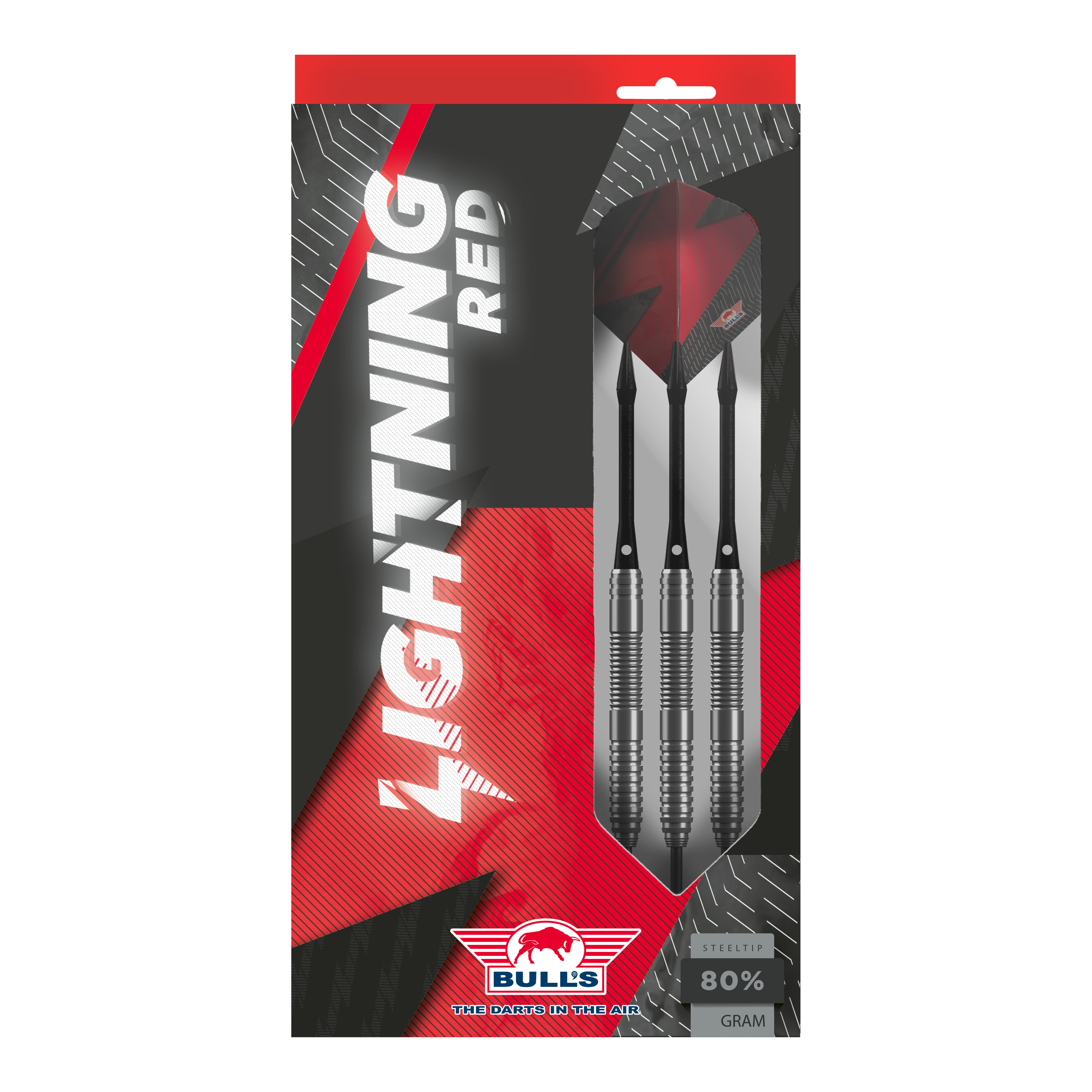 Bulls NL Lightning Red steel darts Das Bild zeigt die Verpackung der "Bulls NL Lightning Red Steeldarts". In der Packung sind drei silberne Steeldarts mit roten Flights zu sehen.