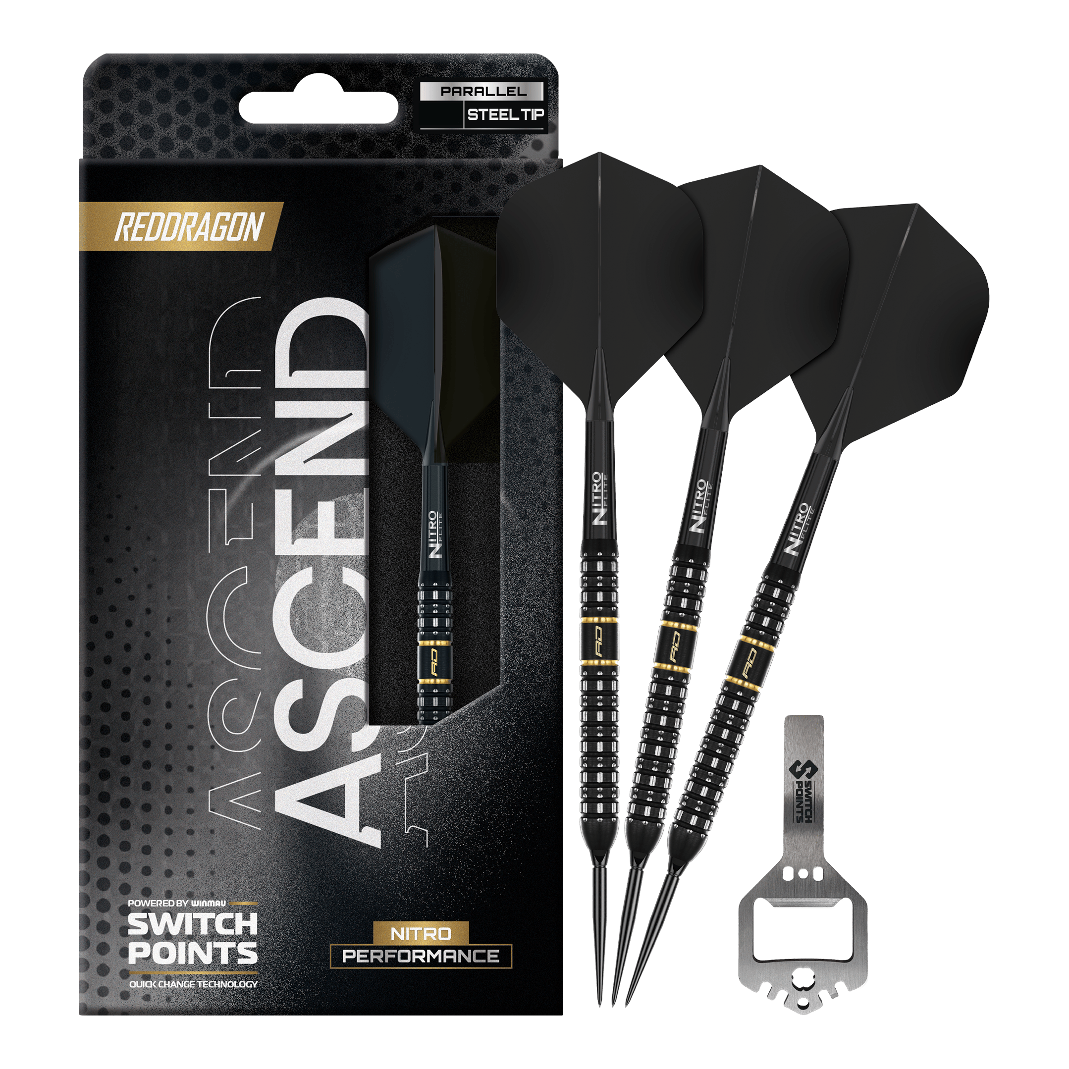 Das Bild präsentiert die Red Dragon Ascend Parallel Switch Point Steeldarts in voller Länge. Die Details des kompletten Darts sind gut erkennbar.
