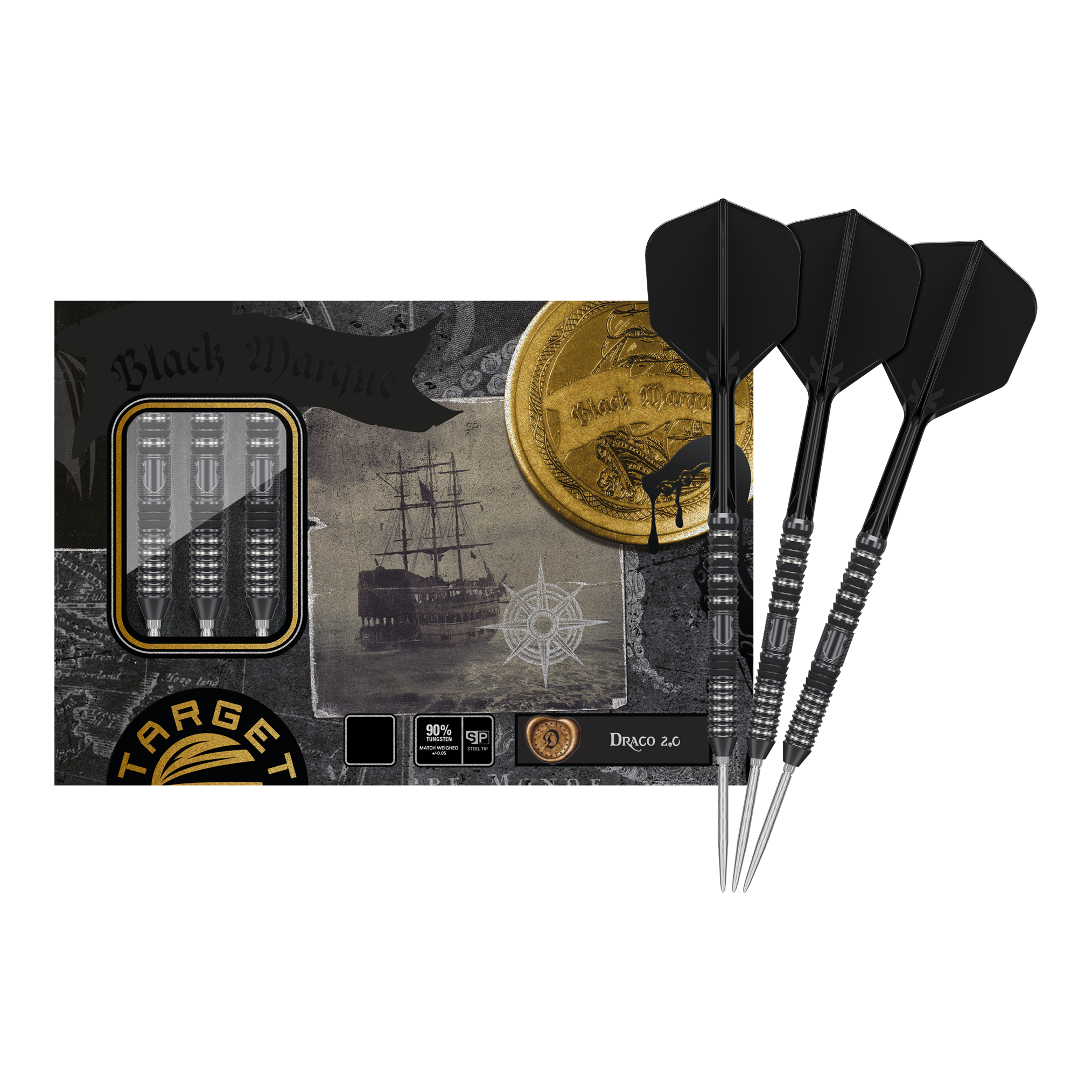 Target Japan Black Marque Draco GEN2 steel darts Das Bild zeigt die Target Japan Black Marque Draco GEN2 Steeldarts mit einer stilvollen Verpackung im Piraten-Design. Drei schwarze Steeldarts sind neben der Verpackung abgebildet.