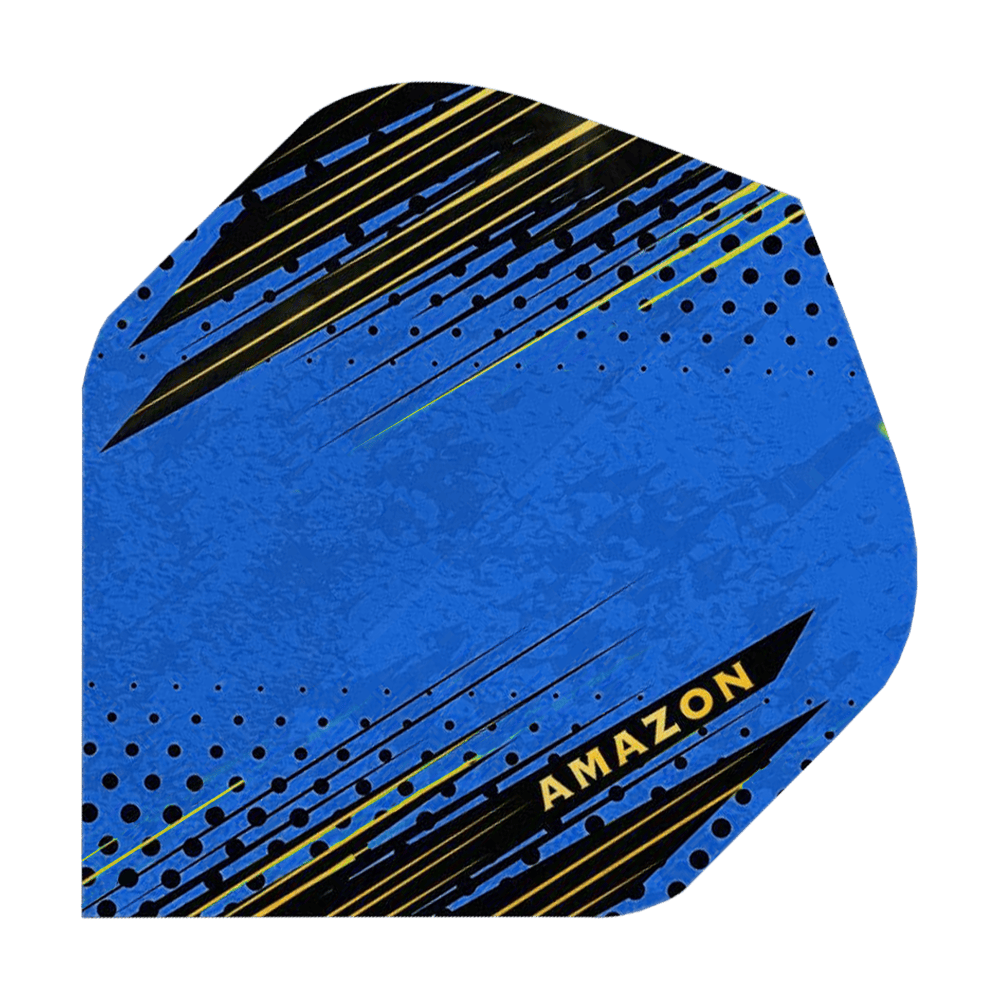 A38_Amazon_ORO_Standard_Flights_Blau_1 Das Bild zeigt ein blaues Dart-Flügelblatt mit schwarzen und gelben grafischen Akzenten. Auf dem Flügel steht das Wort "AMAZON" in gelber Schrift.