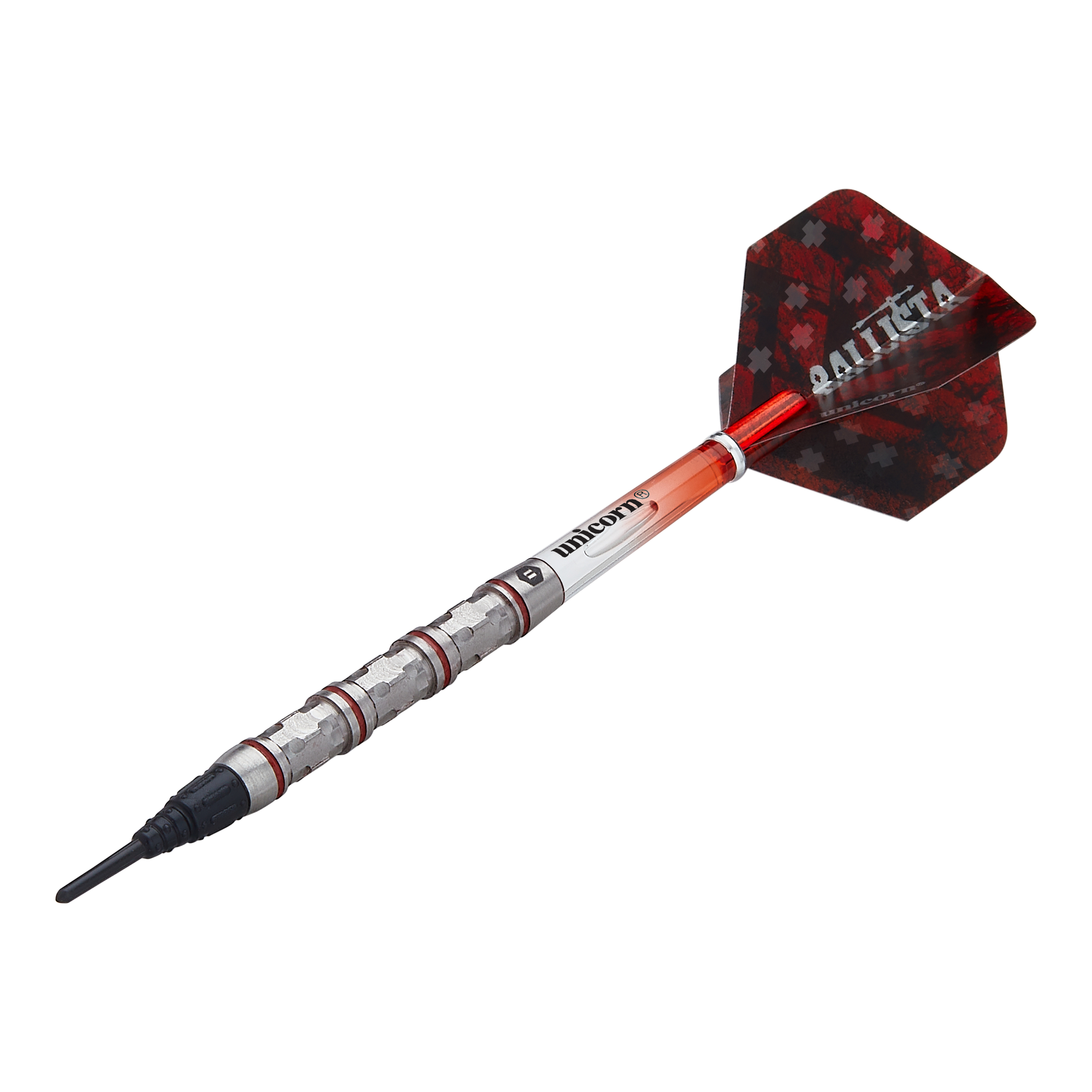 Unicorn Ballista Style 4 soft darts Das Bild zeigt einen Softdart der Marke Unicorn, Modell Ballista Style 4. Der Dartpfeil hat einen silbernen Schaft mit roten Akzenten und eine rot-schwarze Flights mit der Aufschrift "BALLISTA".