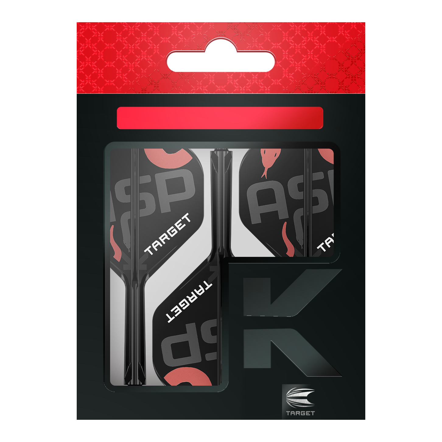 Target K-Flex Nathan Aspinall No2 Standard Flight Shaft System Auf dem Bild ist eine Verpackung mit Dart-Flights und Schäften der Marke Target zu sehen. Die Verpackung ist überwiegend schwarz mit roten und weißen Akzenten gestaltet.