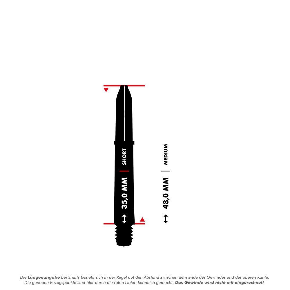 Winmau Joe Cullen Rockstar Nylon Shafts Black Das Bild zeigt einen schwarzen Dart-Schaft mit einer beschrifteten Längenangabe von 35,0 mm (Short). Zusätzlich ist eine Vergleichslinie für die Länge "Medium" mit 48,0 mm eingezeichnet.