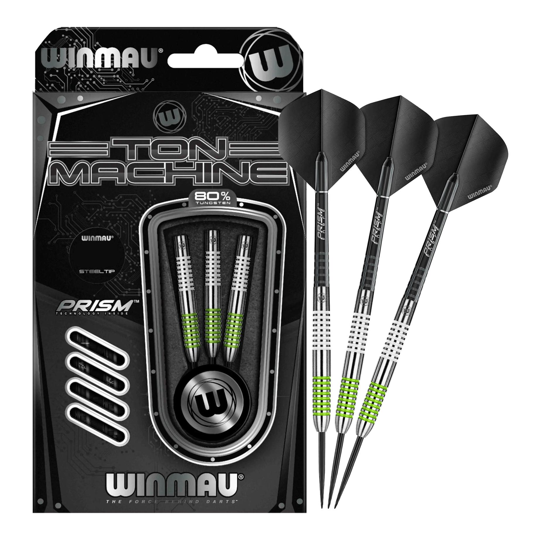 Winmau Ton Machine steel darts Das Bild zeigt das Set der Winmau Ton Machine Steeldarts in voller Ansicht. Diese Steeldarts sind ideal für Dartliebhaber.