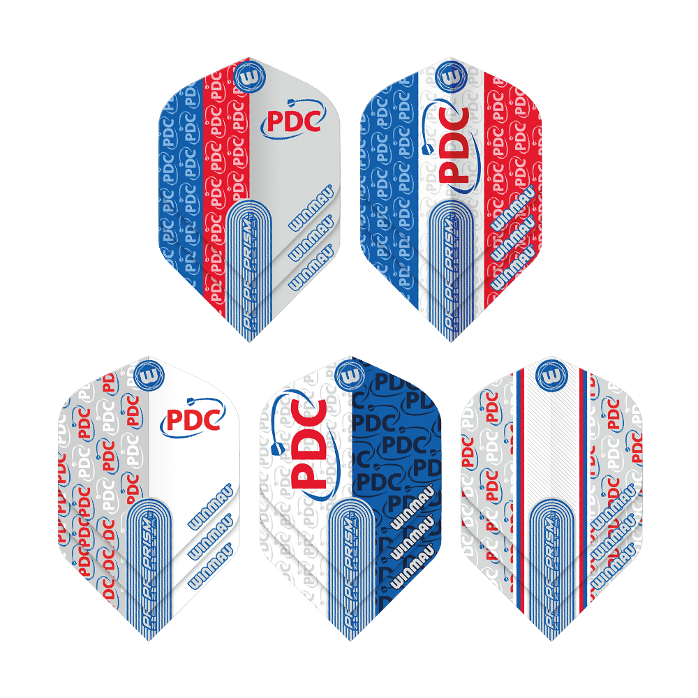 Winmau PDC Prism Flight Collection Das Bild zeigt die "Winmau PDC Prism Flight Collection" mit fünf unterschiedlichen Dart-Flights. Die Flights sind in den Farben Blau, Rot und Weiß gehalten und mit den Logos "PDC" und "Winmau" bedruckt.