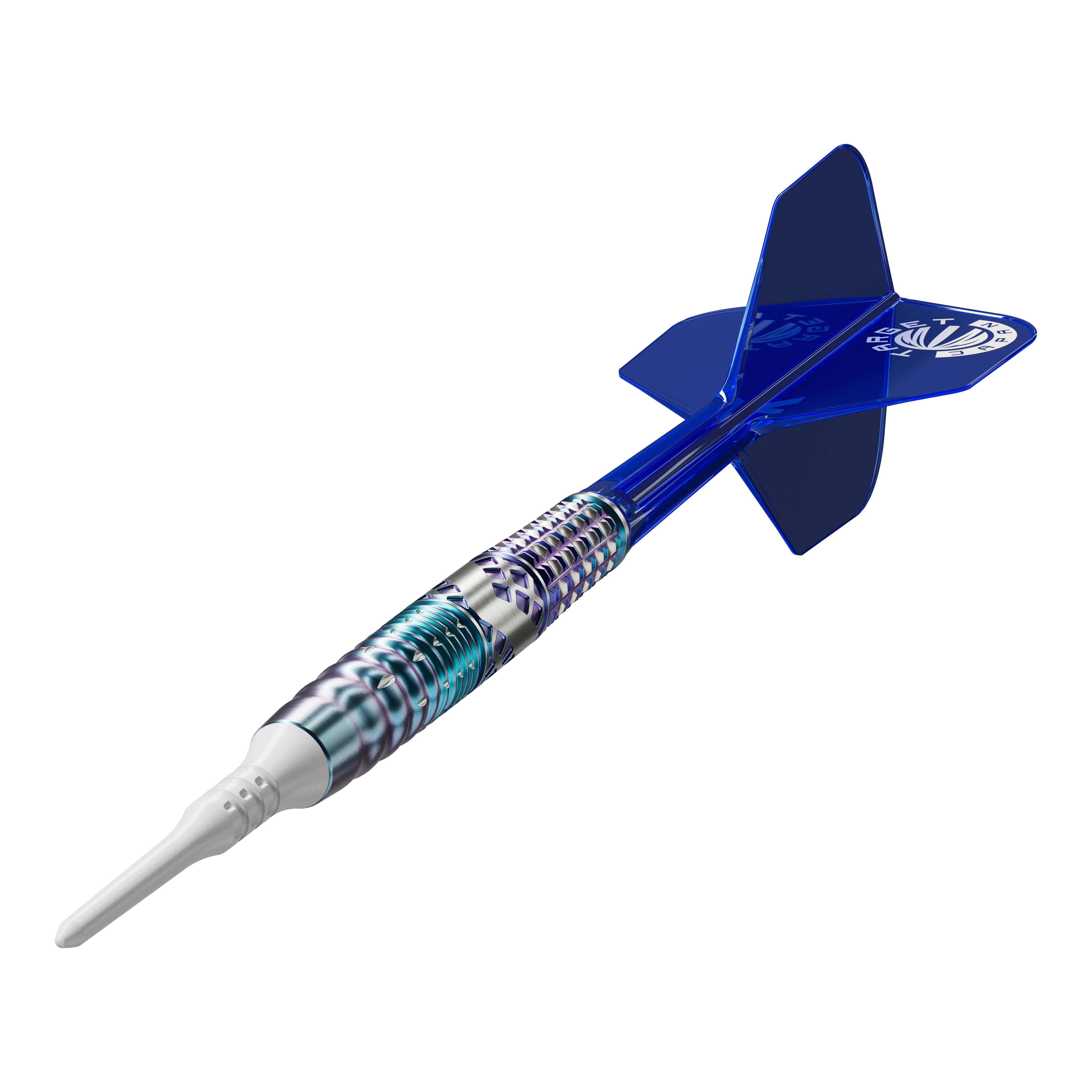 Target Japan Cathy Leung Charis GEN5 Soft Darts - 19g Das Bild zeigt einen Softdart mit einem silber-blauen, metallischen Schaft und einer weißen Spitze. Die Flights am Ende des Darts sind blau und tragen ein weißes Logo.