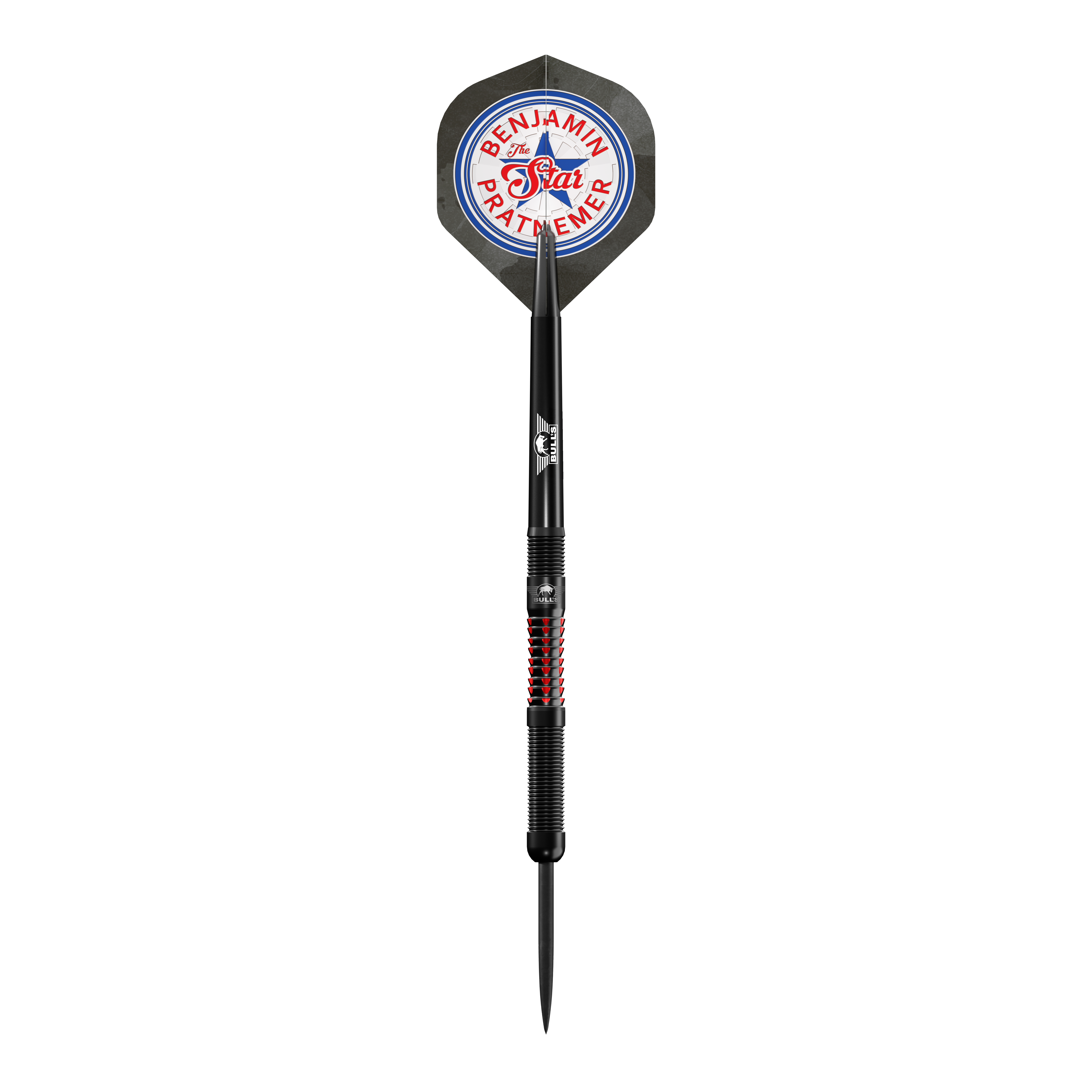 Bulls NL Benjamin Pratnemer steel darts - 20g Das Bild zeigt einen Steeldart der Marke Bulls NL, Modell "Benjamin Pratnemer" mit 20g Gewicht. Auf dem Flight steht der Name "Benjamin Pratnemer" und das Design ist in Schwarz mit roten Akzenten gehalten.