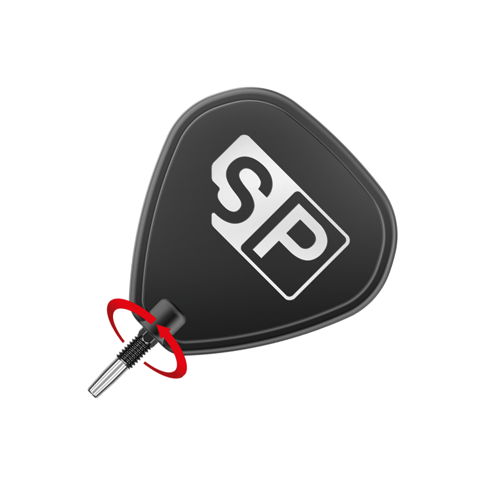 Target Swiss Point Chrono Dart Tips - Black Das Bild zeigt eine schwarze Dartspitze mit dem weißen Logo "SP" darauf. Eine rote Pfeilmarkierung deutet eine Drehbewegung zum Anbringen oder Entfernen der Spitze an.