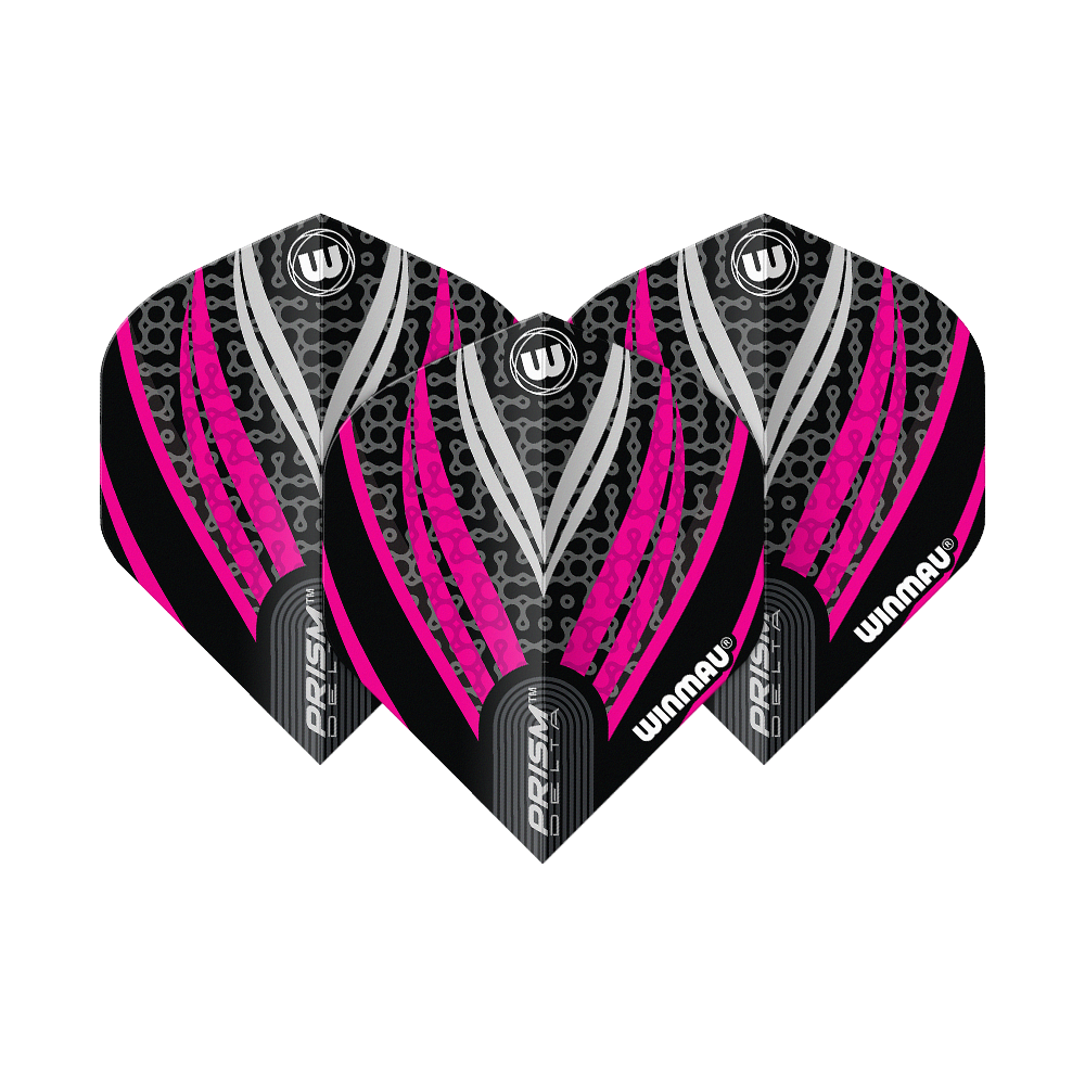 Winmau Prism Delta Black White Pink No. 2 Standard Flights Das Bild zeigt drei Dart-Flights des Modells "Winmau Prism Delta Schwarz Weiß Pink No2 Standard". Die Flights haben ein auffälliges Design in Schwarz, Pink und Weiß mit dem Winmau-Logo.