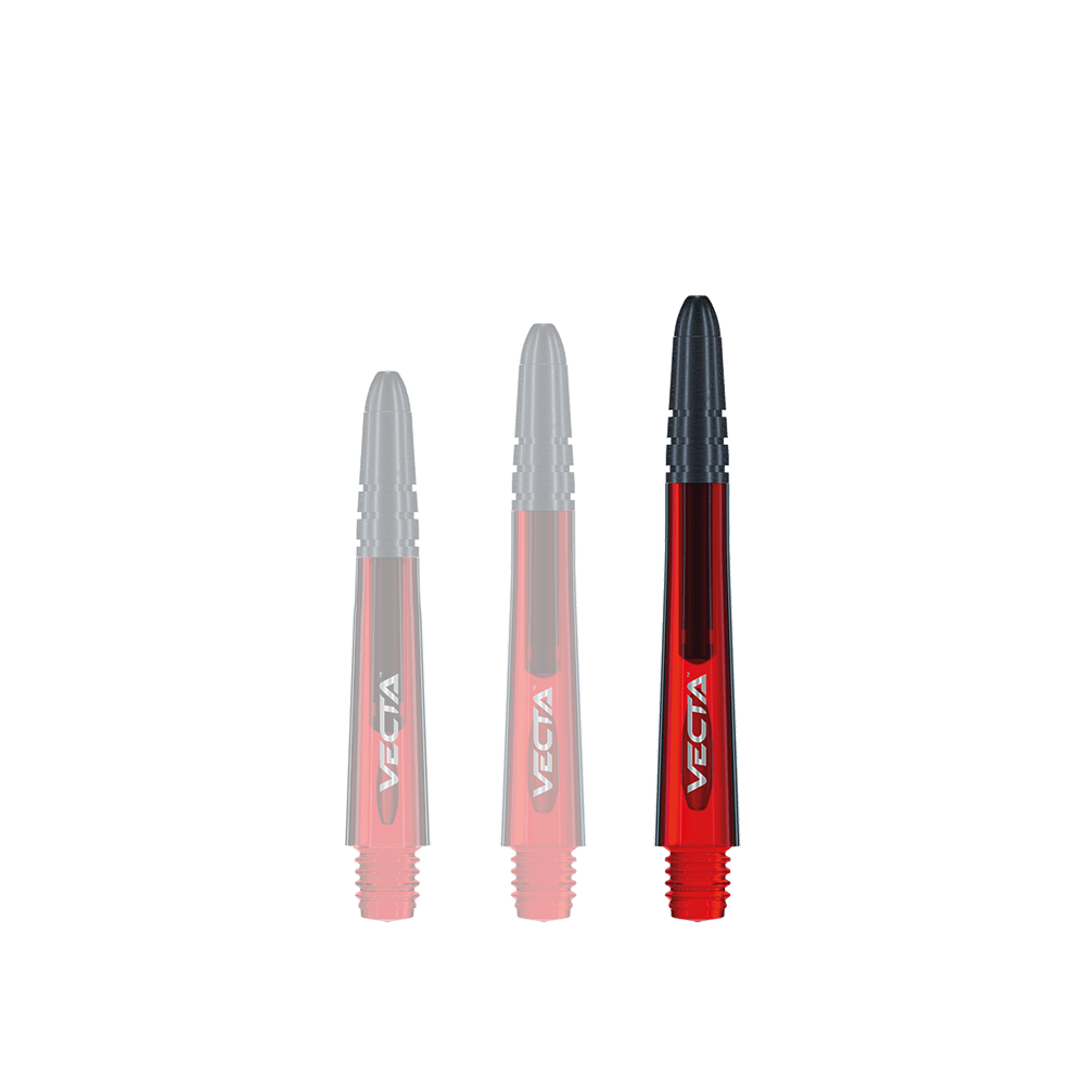 7025-203_Winmau_Vecta_Shafts_Rot_40mm_1 Das Bild zeigt drei rote Winmau Vecta Shafts für Dartpfeile. Sie haben schwarze Spitzen und das Wort "Vecta" ist auf jedem Schaft zu sehen.