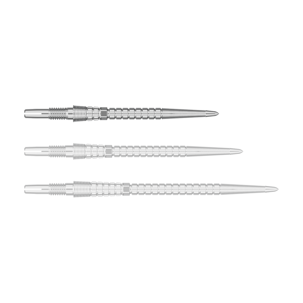 Target Chrono Swiss Storm Point Dart Tips - Silver Eine silberne Dartspitze ist einzeln fotografiert. Sie liegt waagerecht.