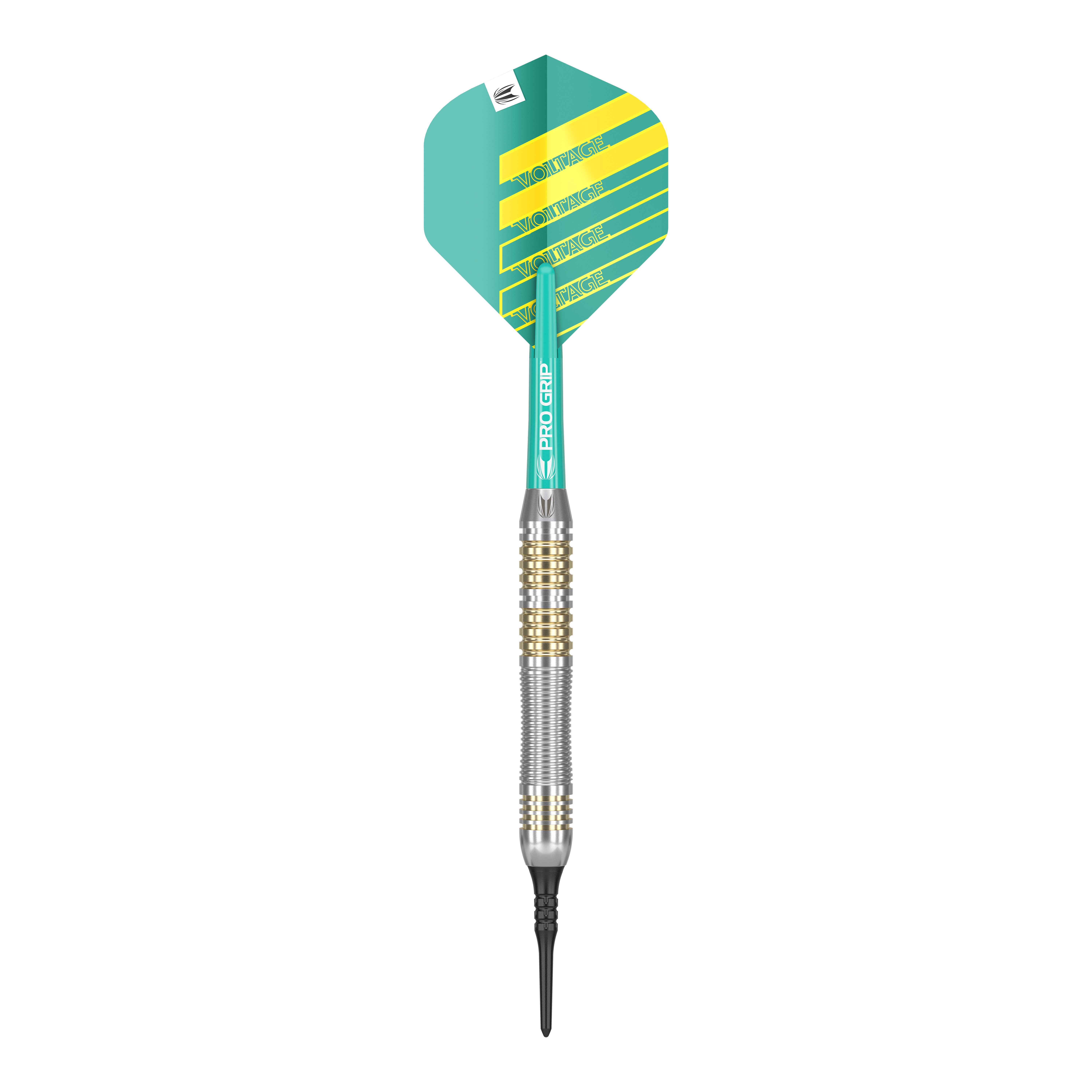 Target Rob Cross Brass Soft Darts - 18g Das Bild zeigt einen Softdart der Marke "Target Rob Cross Brass Softdarts - 18g". Der Dart hat eine grün-gelbe Flight und einen silber-goldenen Schaft.