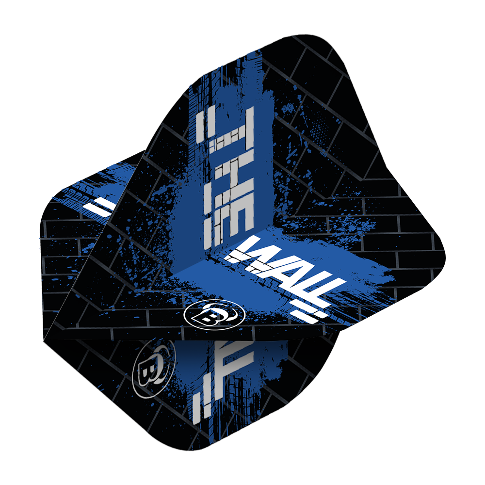 Das Bild zeigt die Bulls B-Star Martin Schindler Black Blue No2 Standard Flights. Die Flights sind schwarz mit blauen und weißen Akzenten und dem Schriftzug „THE WALL“.