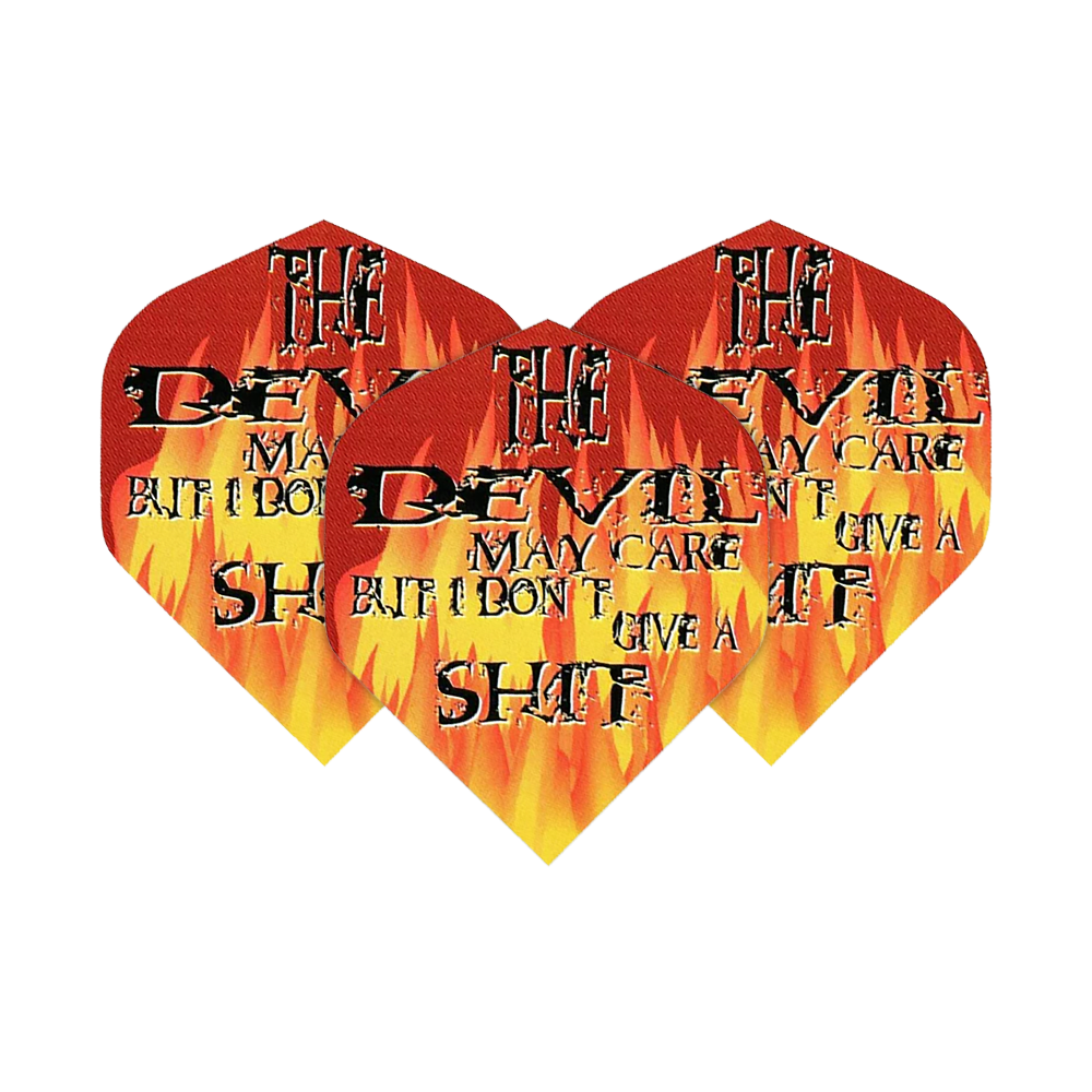 Das Bild zeigt drei Dartflights mit Flammenmuster und auffälligem Schriftzug. Auf den Flights steht: "The Devil may care but I don't give a shit."