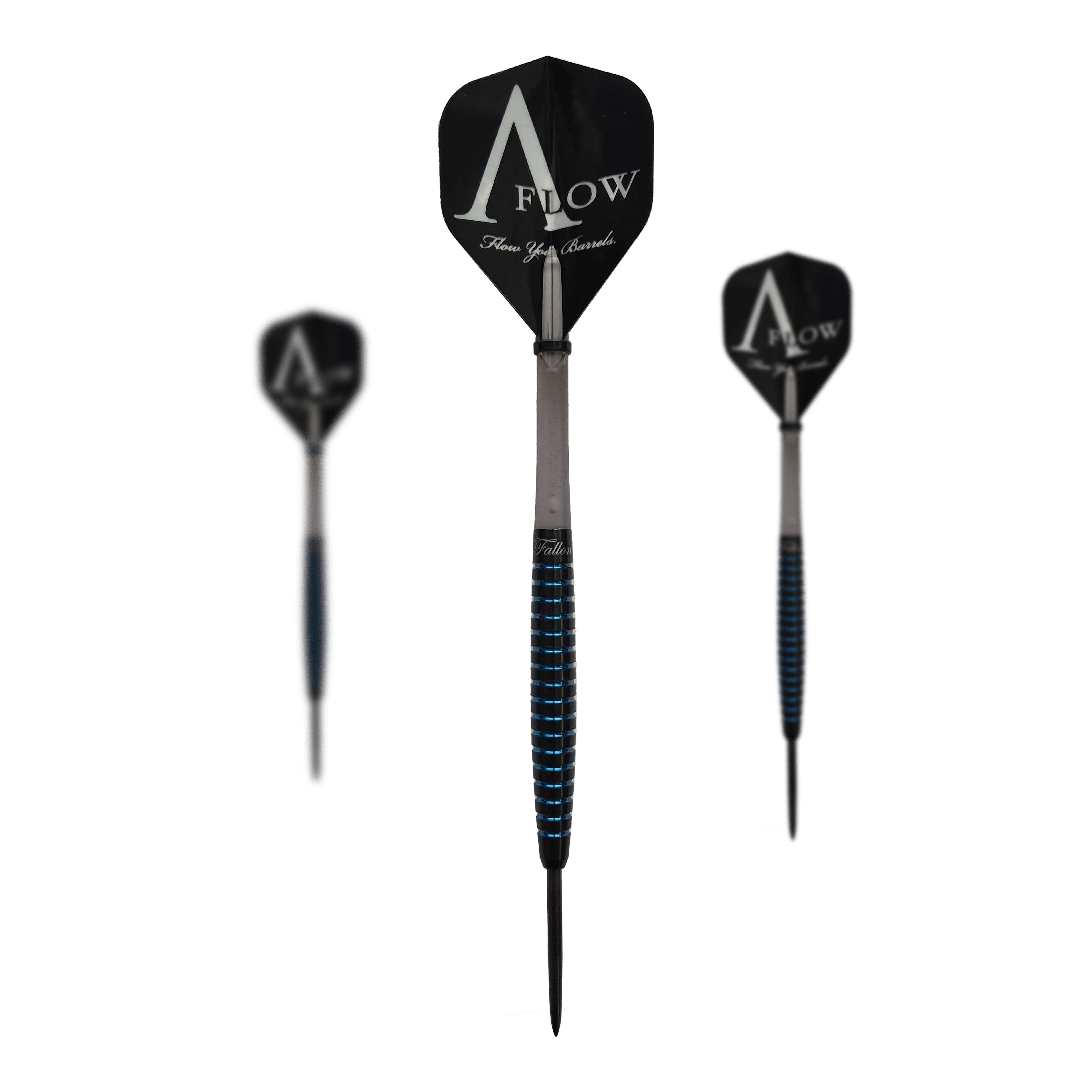 Dynasty Fallon Sherrock 4 AFlow BK Steel Darts - With Autograph - 23g Das Bild zeigt drei schwarze Steeldarts der Marke AFlow mit blauen Akzenten. Auf den Flights steht "AFlow" und der mittlere Dart ist mit einer Unterschrift versehen.