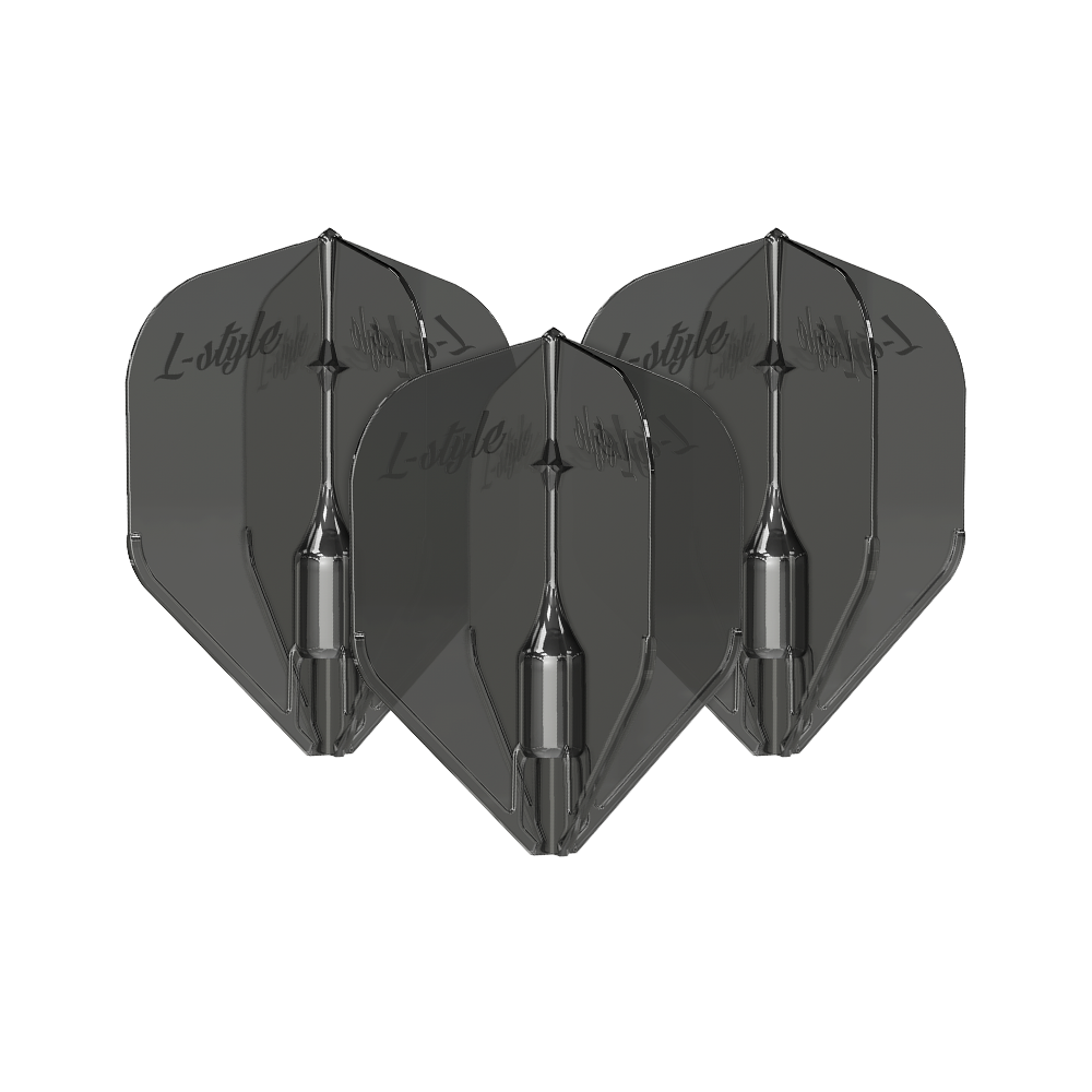 L-Style Fantom L3EZ Flights Clear Black Das Bild zeigt drei schwarze, transparente Dart-Flights des Modells "L-Style Fantom L3EZ". Auf den Flights ist der Schriftzug "L-style" zu sehen.