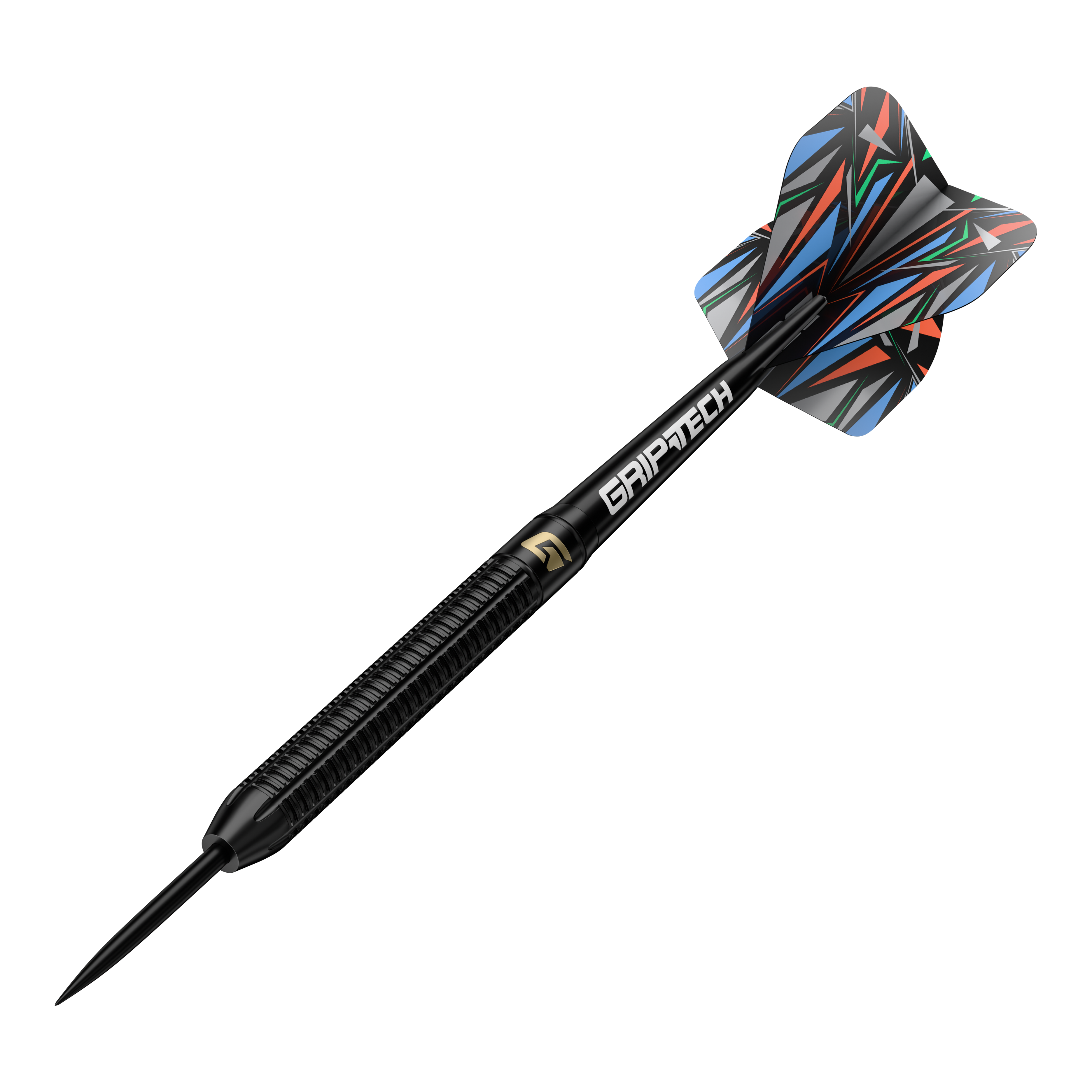 GOAT Athlete Black Brass Steeldarts - 13g Dies ist der GOAT Athlete Black Brass Steeldart mit einem Gewicht von 13g. Der Dart hat ein schwarzes Design mit buntem Flight und der Aufschrift "GRIPTECH".