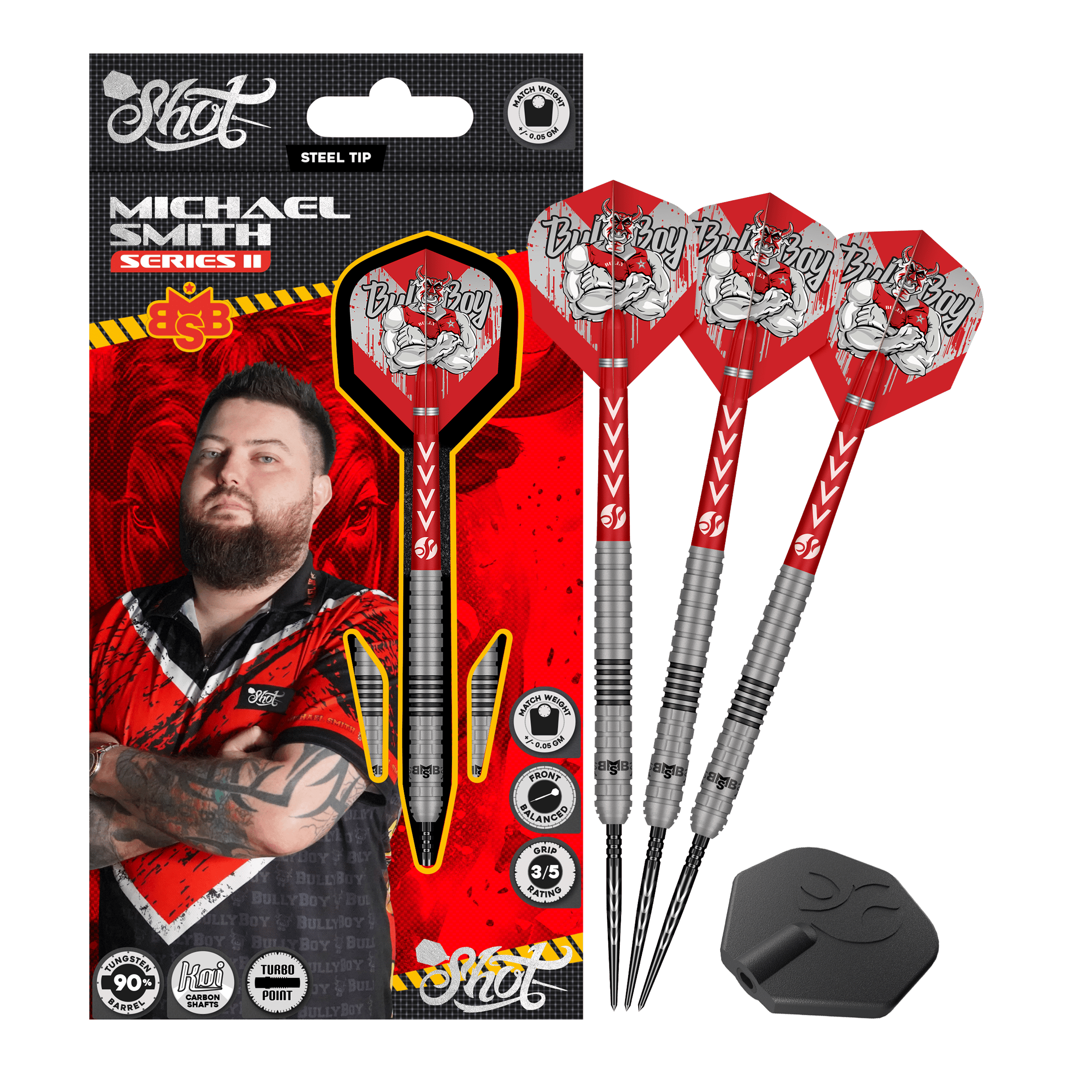 Shot Michael Smith Series 2 Turbo Point steel darts Das Bild zeigt die Shot Michael Smith Series 2 Turbo Point Steeldarts. Es sind hochwertige Steeldarts, die für den professionellen Gebrauch geeignet sind.