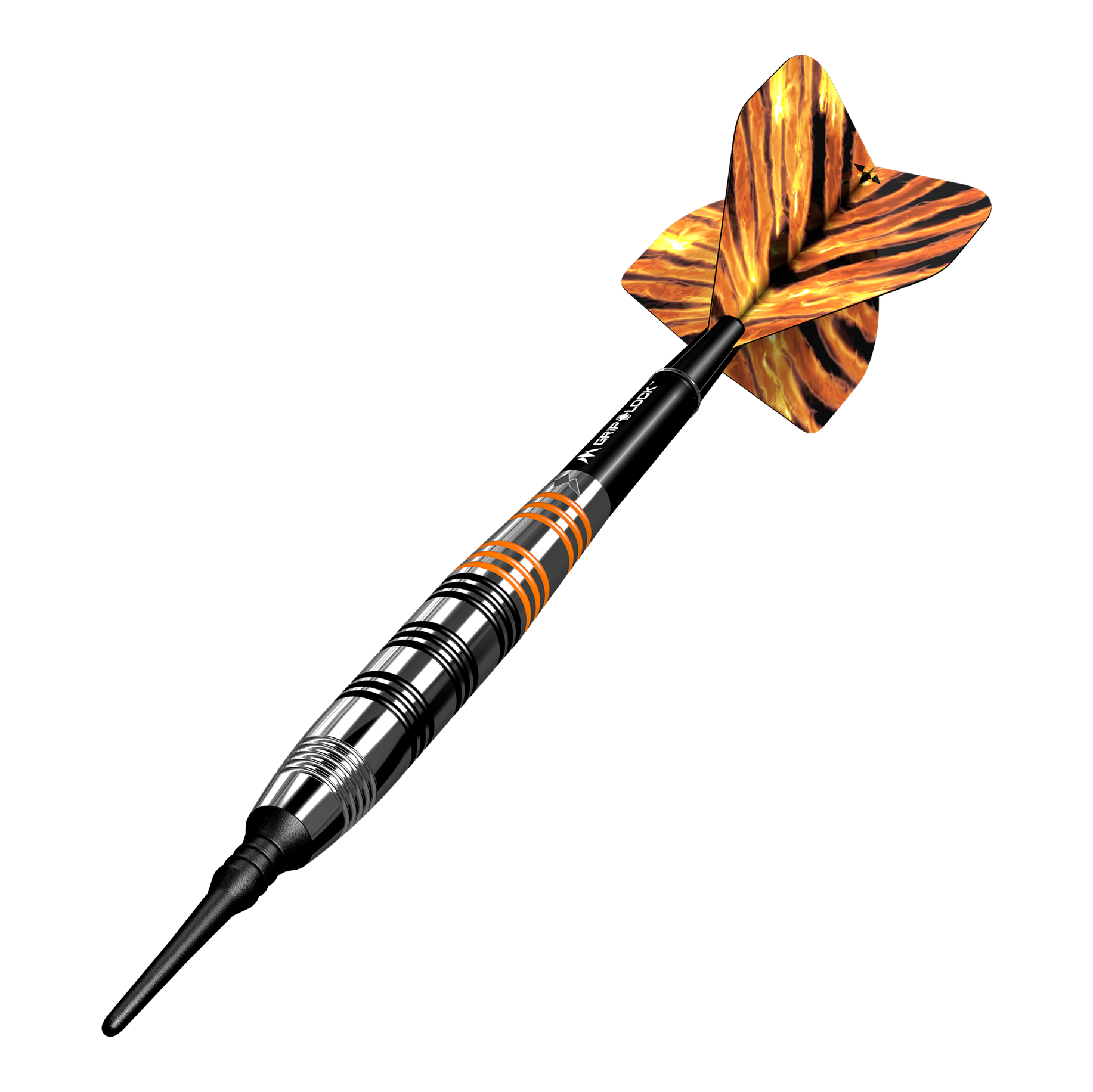 Mission Javan Brass Soft Darts - 18g Das Bild zeigt einen Softdart namens "Mission Javan Brass Softdarts - 18g". Der Dartpfeil hat ein gestreiftes Design in Schwarz, Silber und Orange mit einer auffälligen, gemusterten Flugfeder.