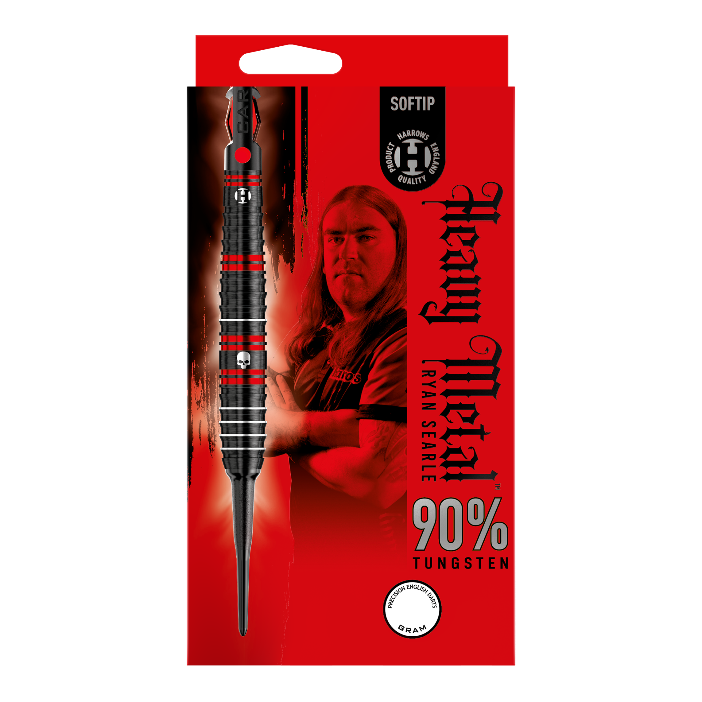Harrow's Ryan Searle Heavy Metal Soft Darts Die Verpackung zeigt die Harrows Ryan Searle Heavy Metal Softdarts mit einem Bild von Ryan Searle. Das Design hebt 90% Tungsten und ein auffälliges rot-schwarzes Farbschema hervor.