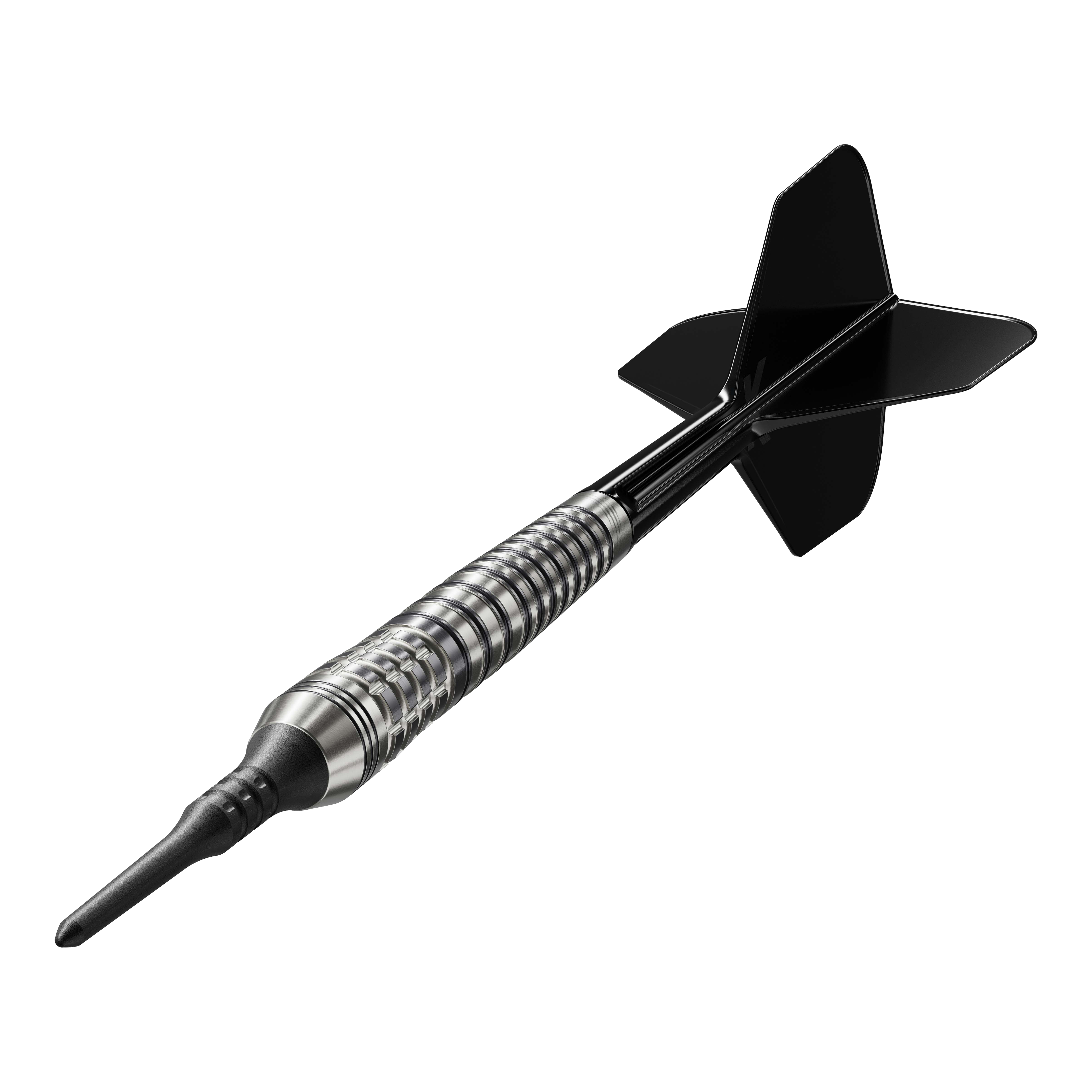 Target Japan Black Marque Renegade 4 Softdarts - 19g Das Bild zeigt einen Softdartpfeil mit schwarzer Spitze und schwarzen Flights. Es handelt sich um das Modell "Target Japan Black Marque Renegade 4 Softdarts - 19g".