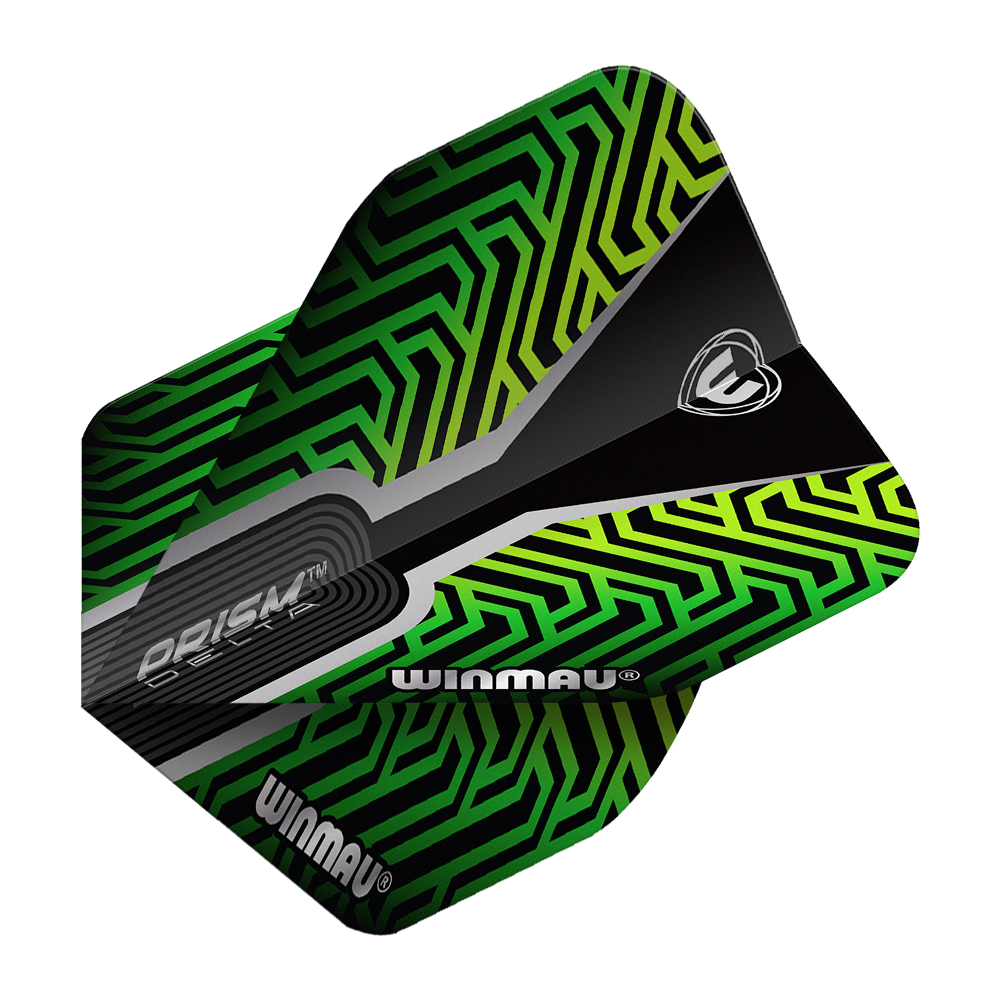 Das Bild zeigt ein Dartflight des Modells "Winmau Prism Delta Kairos No2 Standard" in Grün. Das Flight hat ein auffälliges, geometrisches Muster in Grün- und Schwarztönen mit dem Winmau-Logo.