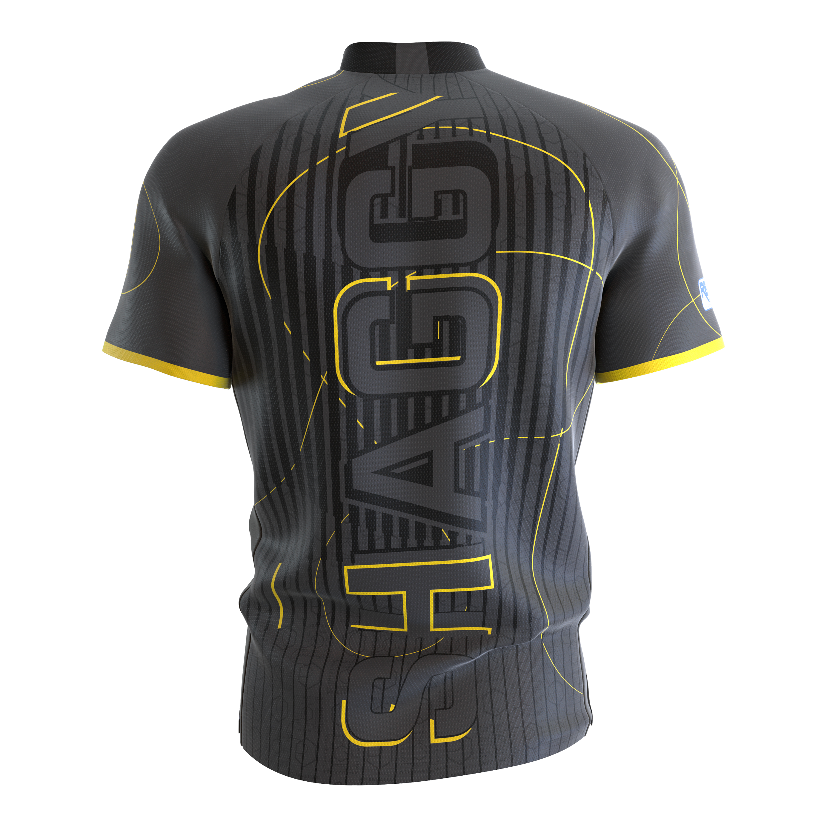 Target Coolplay Collarless Scott Williams dart shirt Das Bild zeigt das Target Coolplay Collarless Scott Williams Dartshirt von hinten. Das Shirt ist grau mit gelben Akzenten und dem großen Schriftzug "SHAGGY" auf dem Rücken.