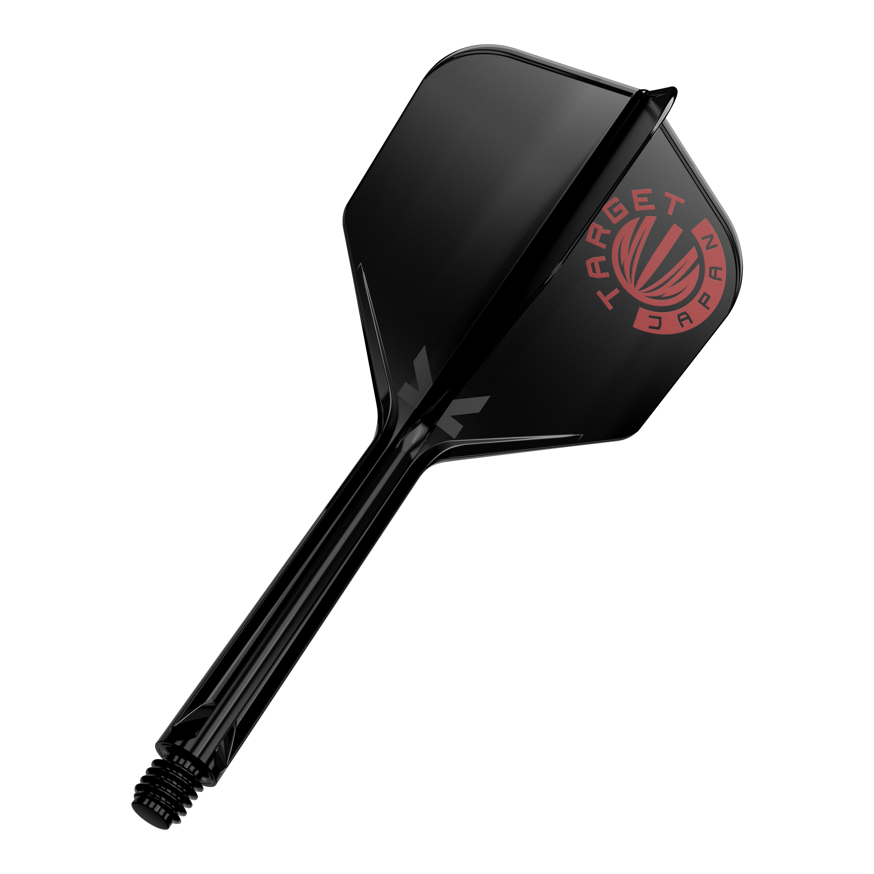 Target Japan K-Flex Original Logo Red Black No6 Flight Shaft System Das Bild zeigt einen schwarzen Dartshaft mit einer schwarzen Dartflügelfeder. Auf der Feder ist ein rotes Logo mit der Aufschrift "TARGET JAPAN" zu sehen.