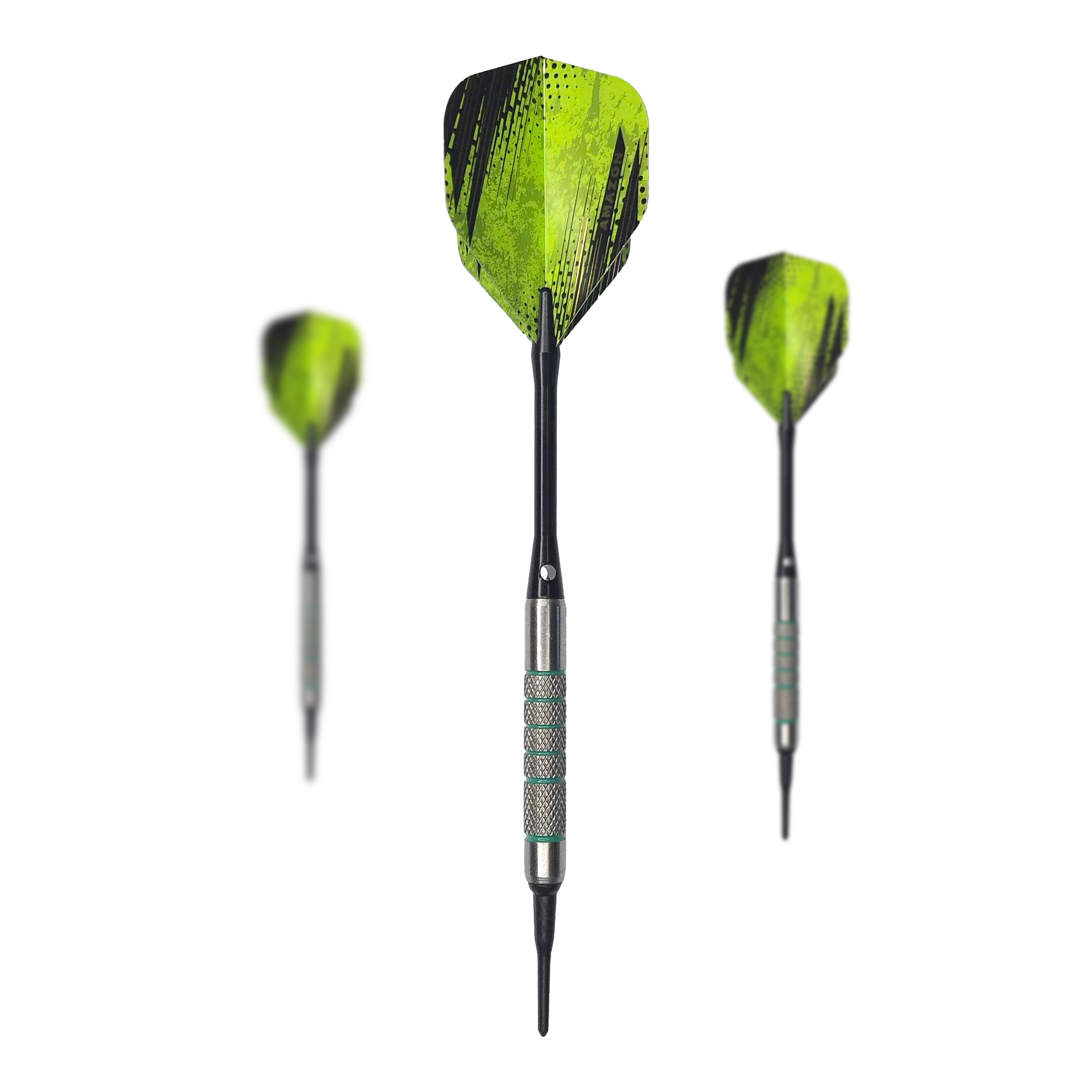 McDart 85 Tungsten V7 soft darts - 16.5g Das Bild zeigt drei McDart 85er Tungsten V7 Softdarts mit einem Gewicht von 16,5g. Die Darts haben grün-schwarze Flights und silberne Griffe.