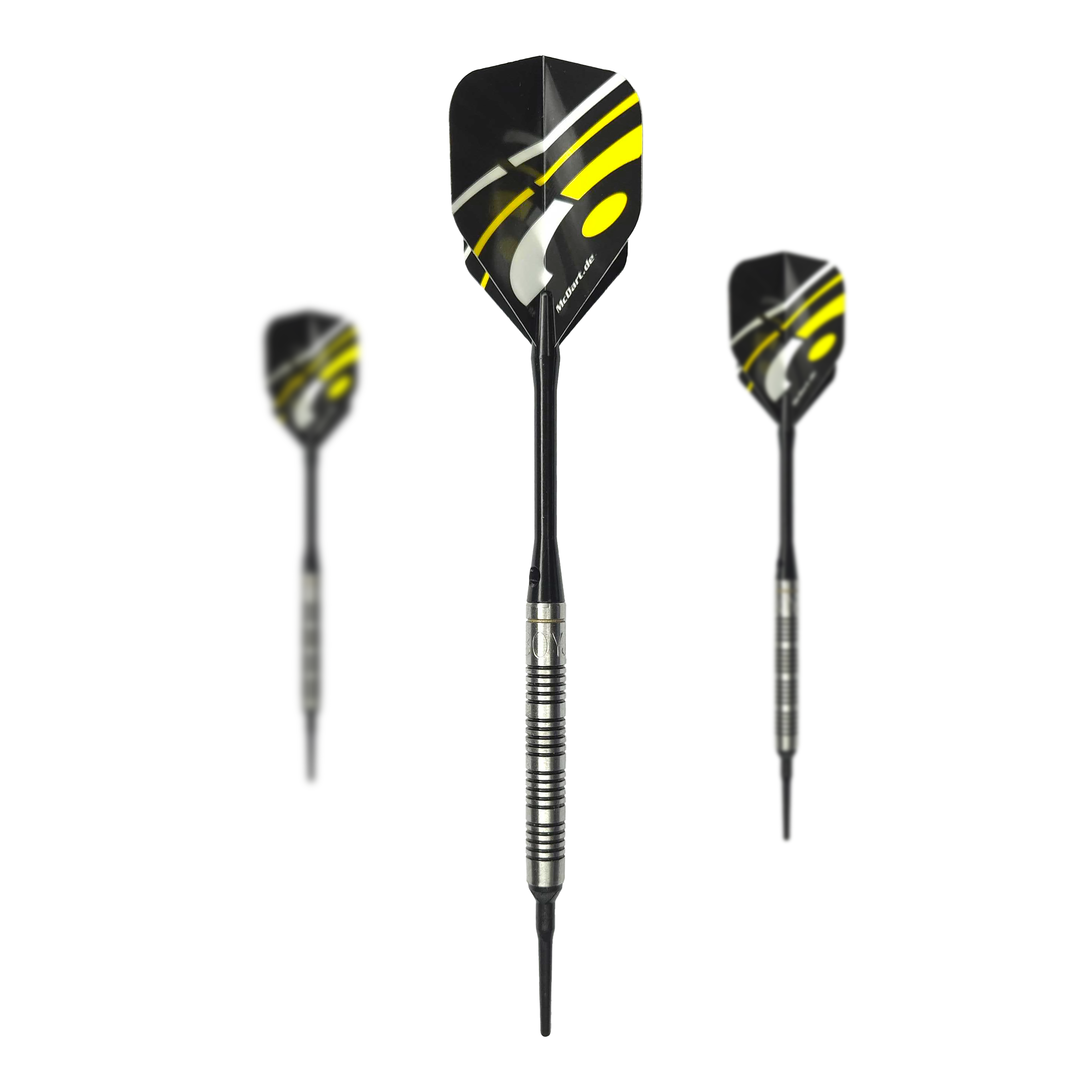 McDart 85 Tungsten V17 Softdarts - 16.5g Auf dem Bild sind drei Softdarts des Modells "McDart 85er Tungsten V17" mit einem Gewicht von 16,5g zu sehen. Die Darts haben schwarze Flights mit gelben und weißen Akzenten sowie silberne, gerillte Barrels.