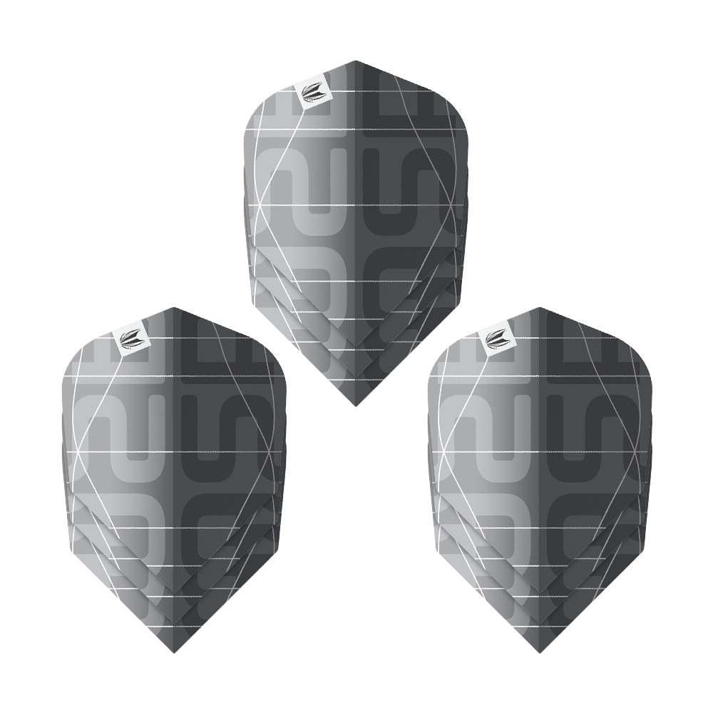 Target Pro Ultra Aspinall X Echo No6 Flights - 3 Sets Das Bild zeigt drei Sätze der Target Pro Ultra Aspinall X Echo No6 Flights. Die Flights sind in einem modernen Schwarz-Grau-Design mit geometrischem Muster gehalten.