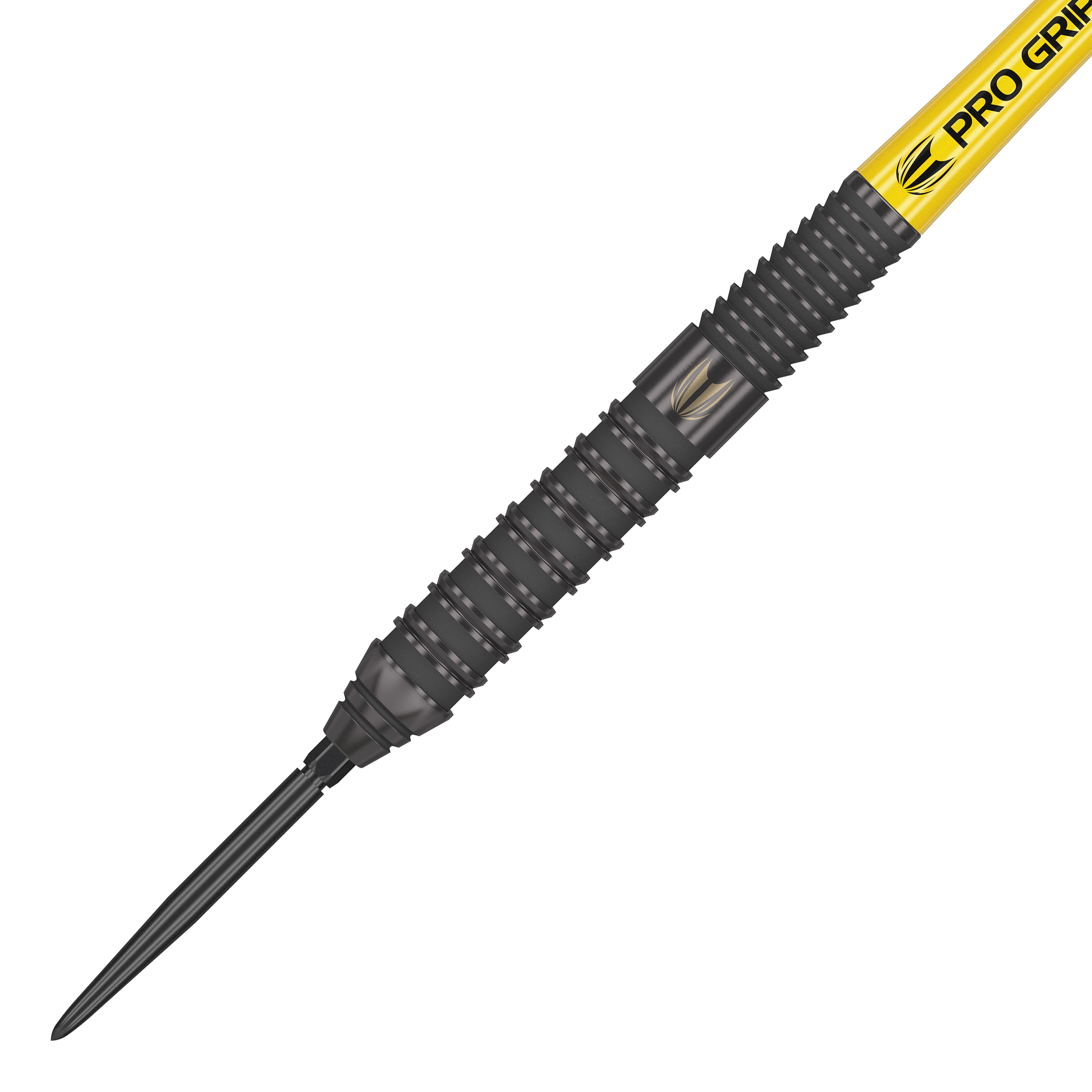 Target Bolide Void 02 Swiss Point steel darts Das Bild zeigt den Target Bolide Void 02 Swiss Point Steeldart. Der Dart hat ein schwarzes Griffstück mit feinen Rillen und einer gelben „Pro Grip“-Beschriftung am Schaft.