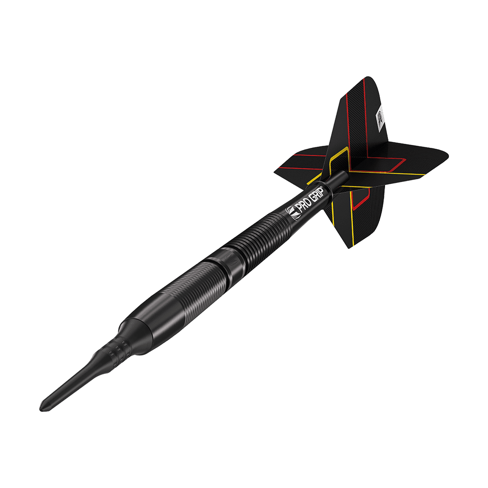 210322_Target_Gabriel_Clemens_Black_Edition_Softdarts_4 Das Bild zeigt einen Target Gabriel Clemens Black Edition Softdart mit einem Gewicht von 19 Gramm. Der Dart ist komplett schwarz mit feinen gelben und roten Linien auf den Flights.