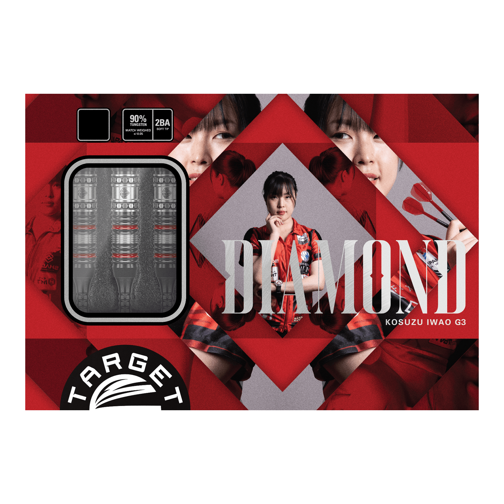 Target Japan Prime Series Diamond GEN3 Soft Darts - 18g Die Abbildung zeigt das Produkt "Target Japan Prime Series Diamond GEN3 Softdarts - 18g". Auf der Verpackung sind die Darts selbst sowie ein Porträt einer Frau und das Wort "DIAMOND" zu sehen.