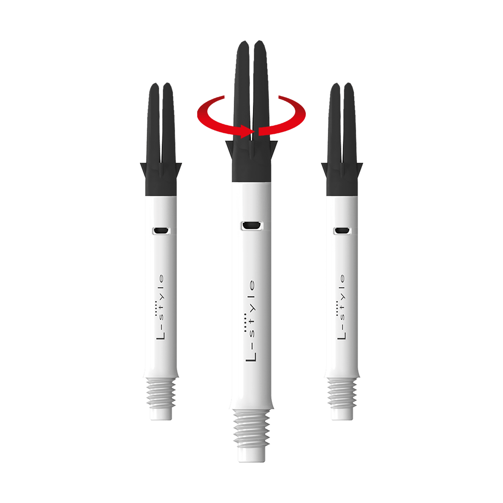 L-L-Style-Shaft Carbon Silent Straight - White Auf dem Bild sind drei weiße Dartschäfte der Marke L-Style mit schwarzen Spitzen zu sehen. Über dem mittleren Schaft ist ein roter Pfeil, der auf eine Drehbewegung hinweist.
