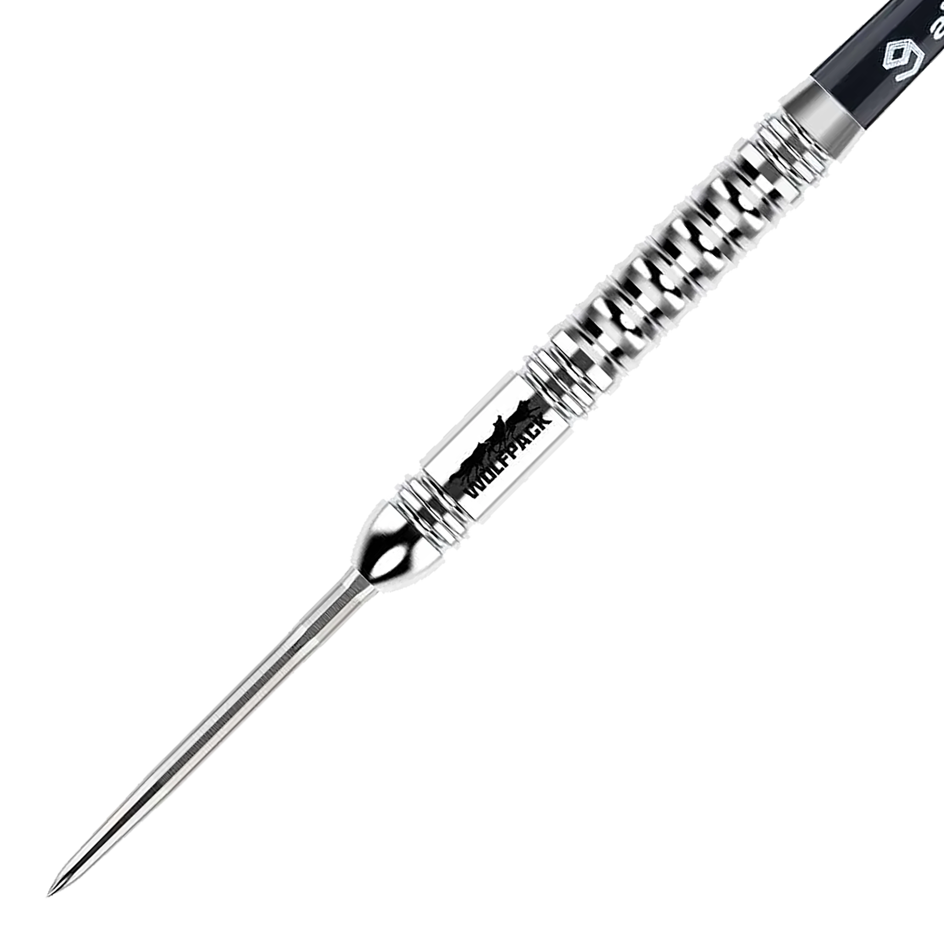 Das Bild zeigt einen Caliburn Wolfpack W1 Steeldart mit einem Gewicht von 23,5g. Der Dart hat ein silbernes, geriffeltes Design und ist mit dem Schriftzug "WOLFPACK" versehen.