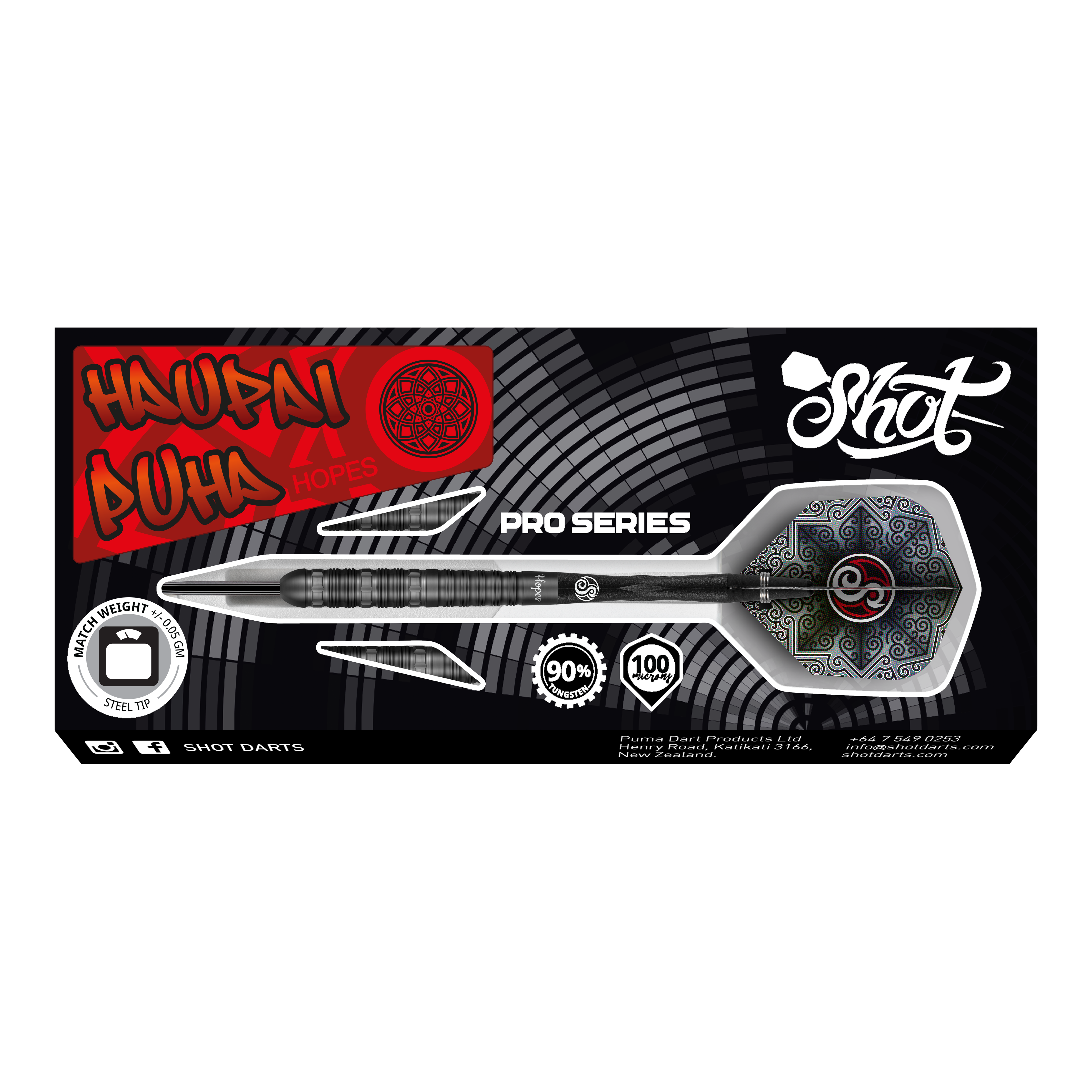 Shot Pro-Series Haupai Puha 2 steel darts - 24g Das Bild zeigt die Verpackung der Shot Pro-Series Haupai Puha 2 Steeldarts mit 24g Gewicht. Die Verpackung ist schwarz mit auffälligen roten und weißen Designelementen sowie einem großen Bild eines Steeldarts.