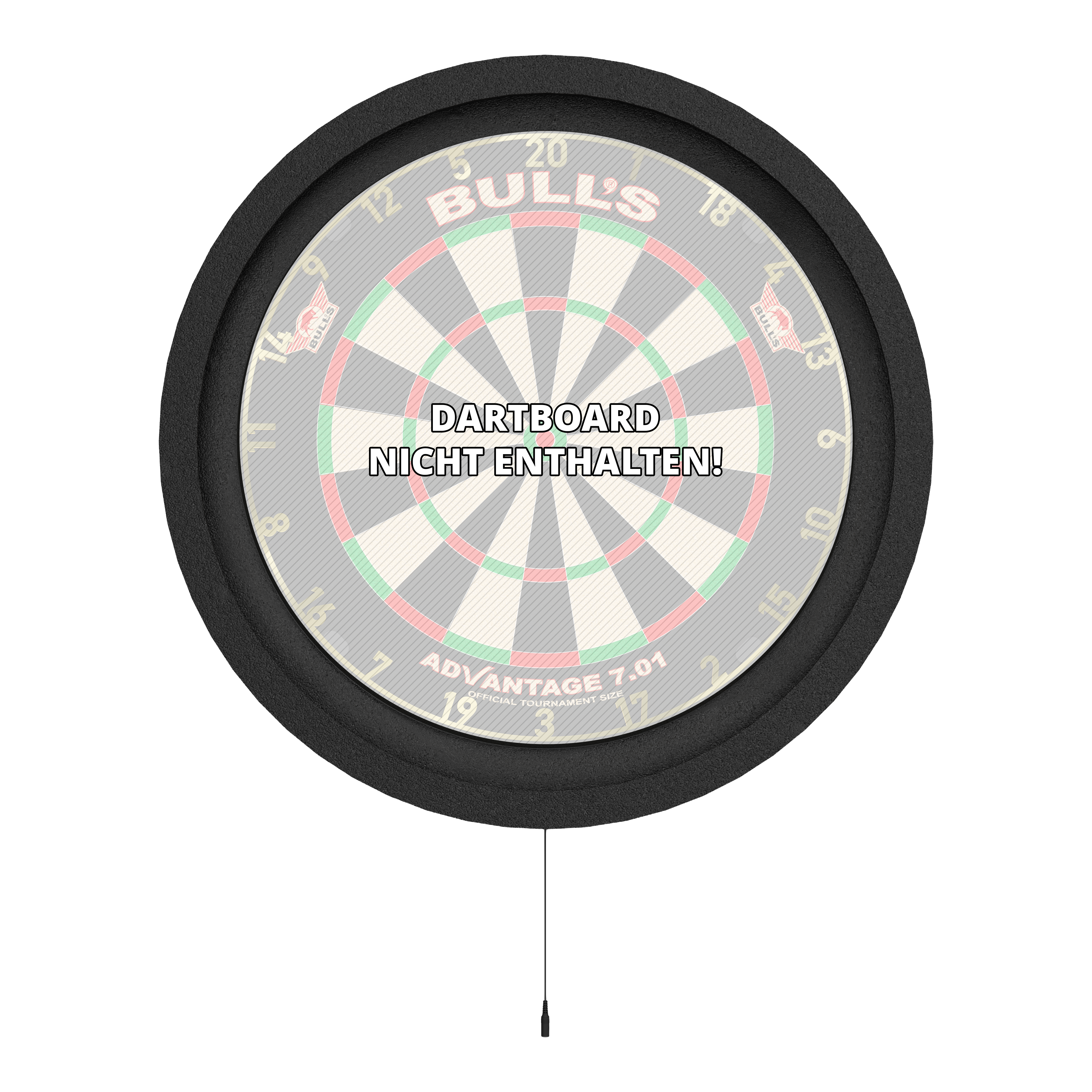 Bulls NL Lumo 2 Light Surround Lighting System Das Bild zeigt das Bulls NL Lumo 2 Light Surround Beleuchtungssystem, das einen Dartboard-Rahmen mit integrierter Beleuchtung darstellt. In der Mitte steht geschrieben "Dartboard nicht enthalten".