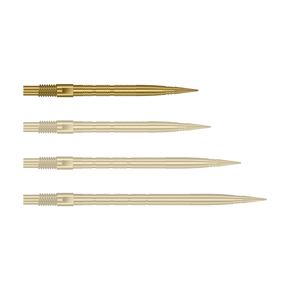 Abgebildet sind goldene MicroRidge Dartspitzen mit einer Länge von 26 mm. Das Produkt ist vermutlich von Harrows, Modell Quick Point.