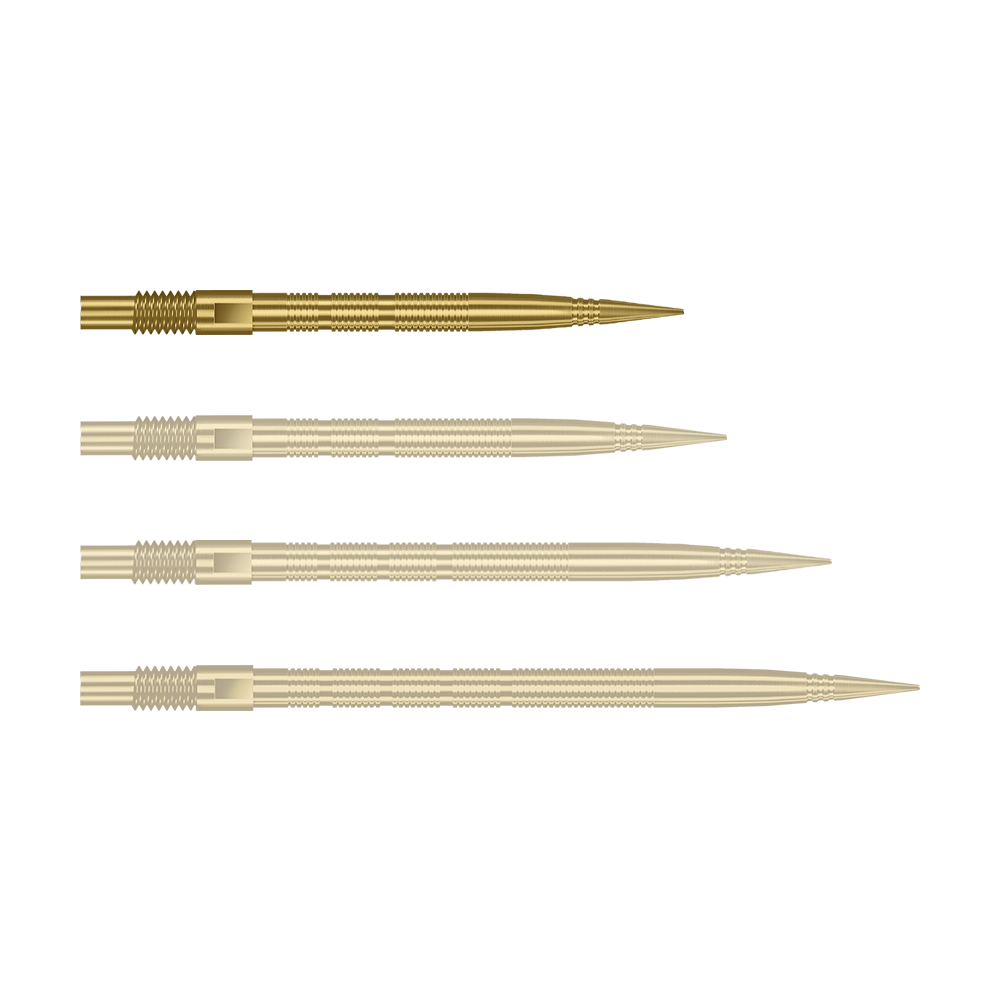 Harrows Quick Point Micro Ridge Dart Tips - Gold Abgebildet sind goldene MicroRidge Dartspitzen mit einer Länge von 26 mm. Das Produkt ist vermutlich von Harrows, Modell Quick Point.