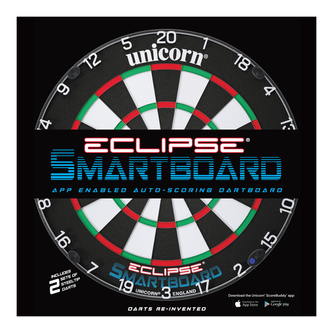 Das Bild zeigt das Produkt "Unicorn Eclipse Smartboard Steeldartboard". Es handelt sich um eine App-unterstützte Steeldart-Scheibe mit automatischer Punkteauswertung.