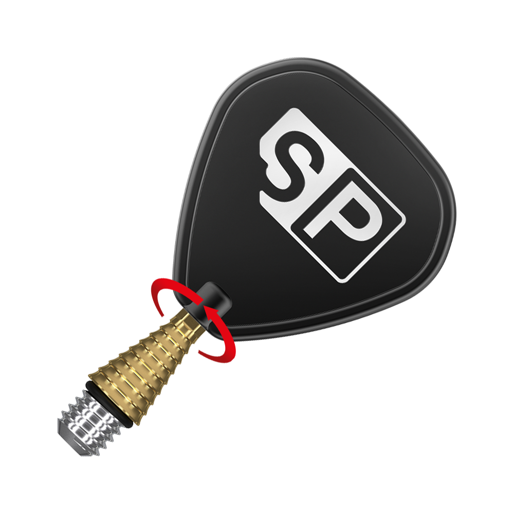 380178_Target_Titanium_Swiss_Point_Grooved_Conversion_Points_Gold_3 Das Bild zeigt die Target Swiss Point Grooved Conversion Points in Gold. Der goldene Punkt ist an einem Dartpfeil befestigt, der ein schwarzes Flight mit der Aufschrift „SP“ hat.