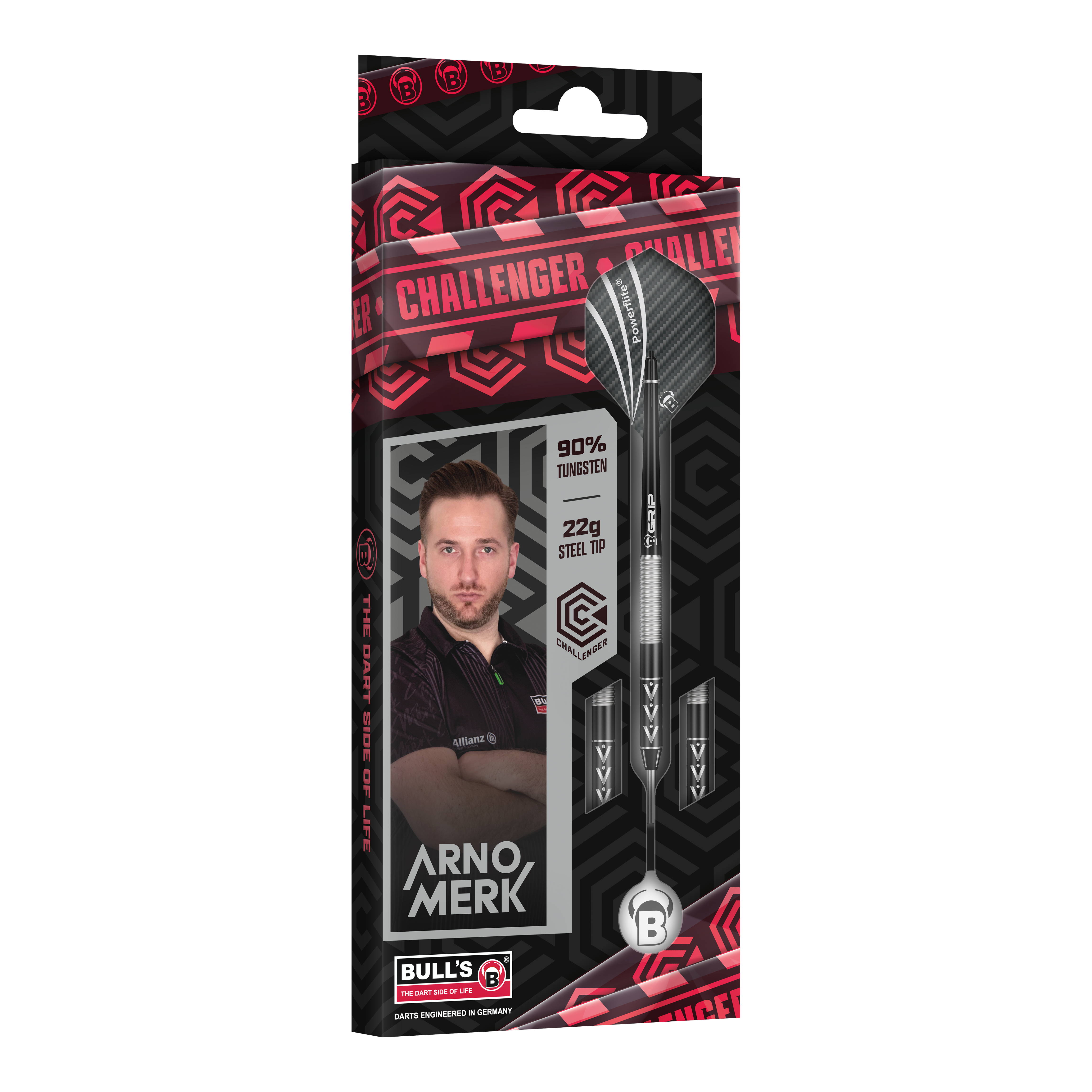 Bulls Challenger Arno Merk steel darts - 22g Die Abbildung zeigt die Verpackung der „Bulls Challenger Arno Merk Steeldarts - 22g“. Auf der Verpackung sind der Dartspieler Arno Merk, die Darts sowie die Angaben „90% Tungsten“ und „22g Steel Tip“ zu sehen.