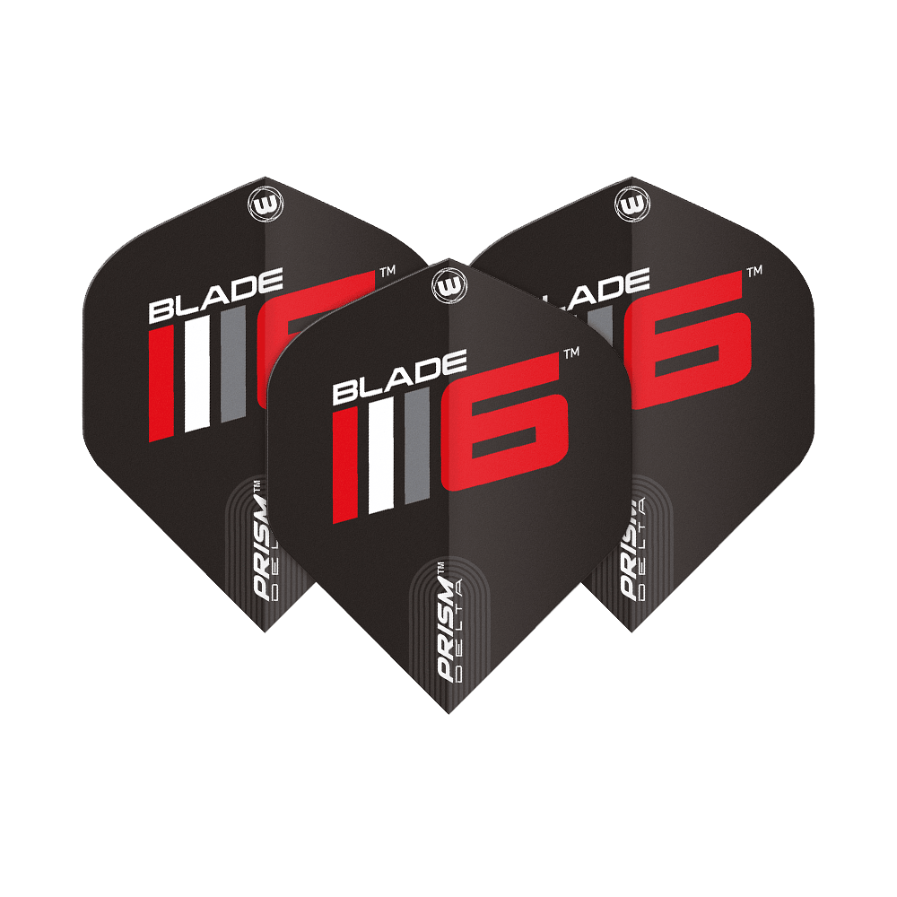 6915-225_Winmau_Prism_Delta_Blade6_A_Standard_Flights_1Pb2eVhNfFPMeh Das Bild zeigt drei schwarze Dart-Flights mit der Aufschrift "Blade 6" in Rot und Weiß. Es handelt sich um das Produkt "Winmau Prism Delta Blade 6 A Standard Flights".