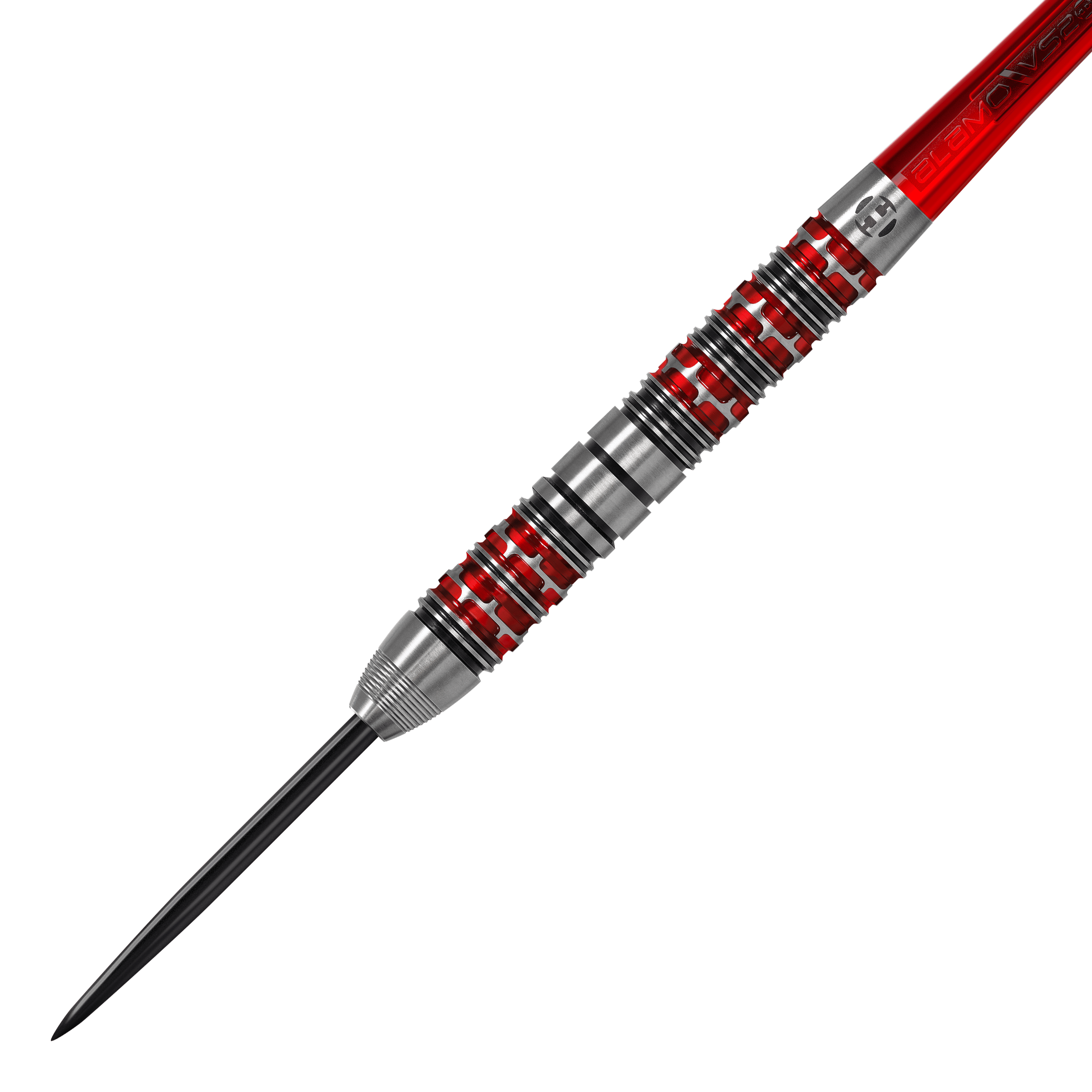 Harrow's Damon Heta Series 3 steel darts Das Bild zeigt einen Harrows Damon Heta Series 3 Steeldart. Der Dartpfeil hat ein silbernes Barrel mit roten und schwarzen Akzenten.